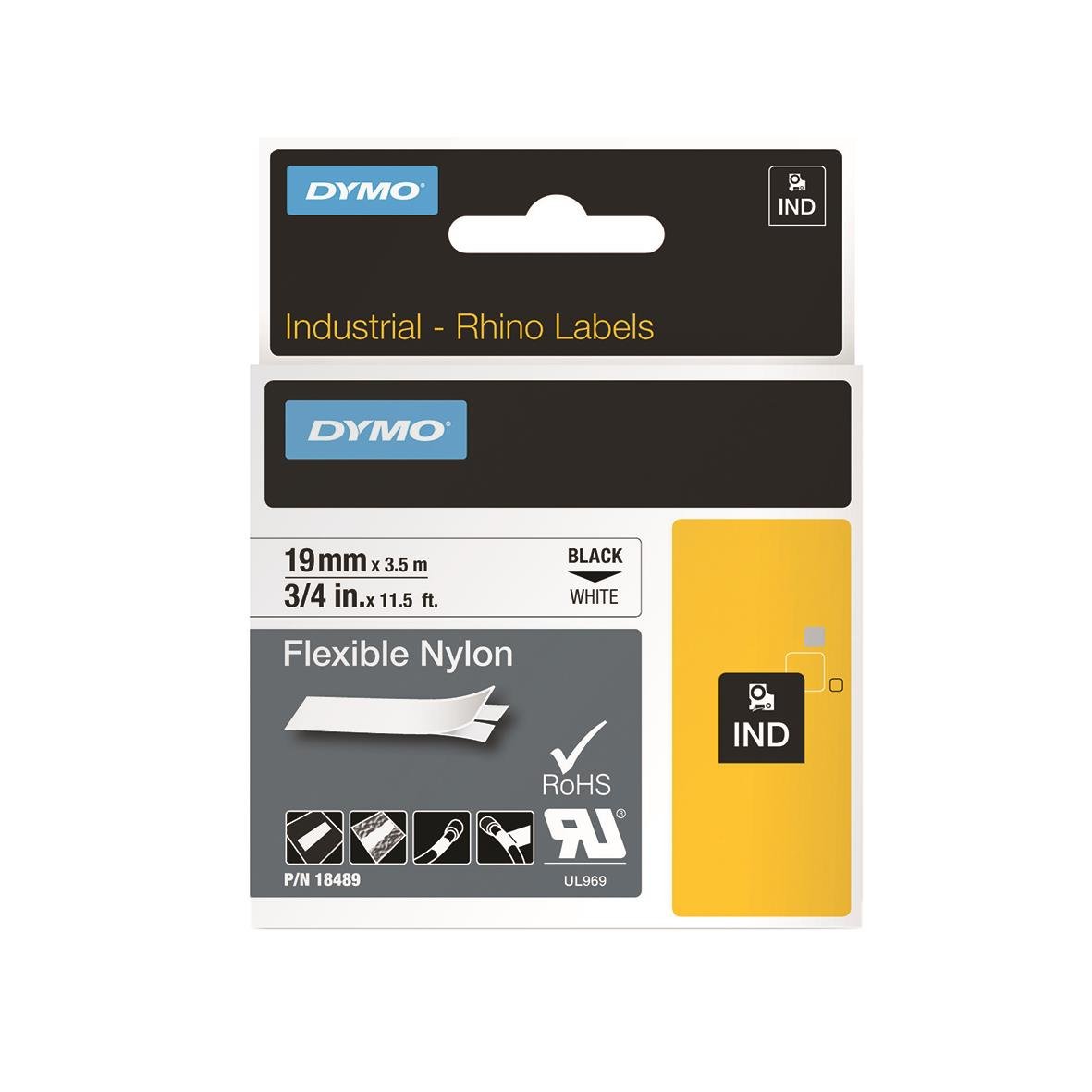 Märkband Dymo Nylon Flexibel 19mm svart/vit 3,5m för industriell användning