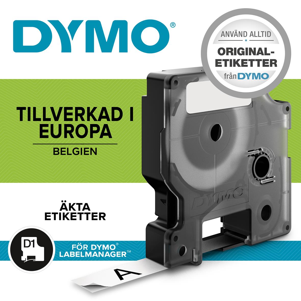 Tre olika Dymo D1 6mm märkbandspaket med olika färger och längder