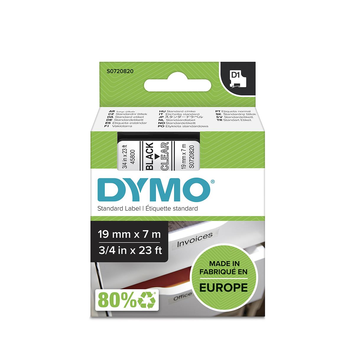 Etikettband Dymo D1 19mm svart/klar 7m i en organiserad kontorsmiljö