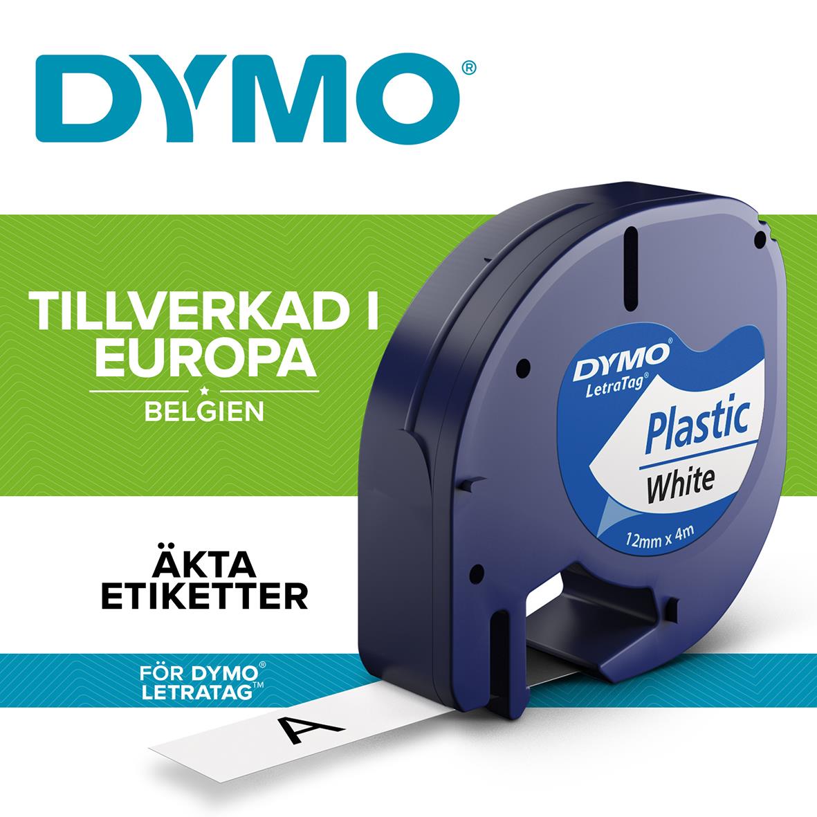 Dymo LetraTag plastetikett i svart och vitt, 12mm bred, 4 meter lång, tillverkad i Europa, för märkning