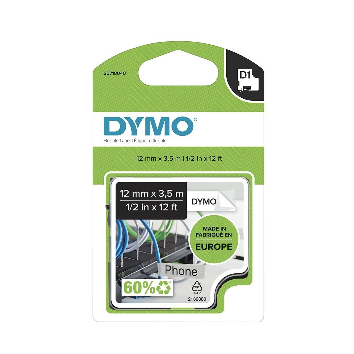 Märkband Dymo D1 flexibelt nylon svart/vit 12mm x 3,5m