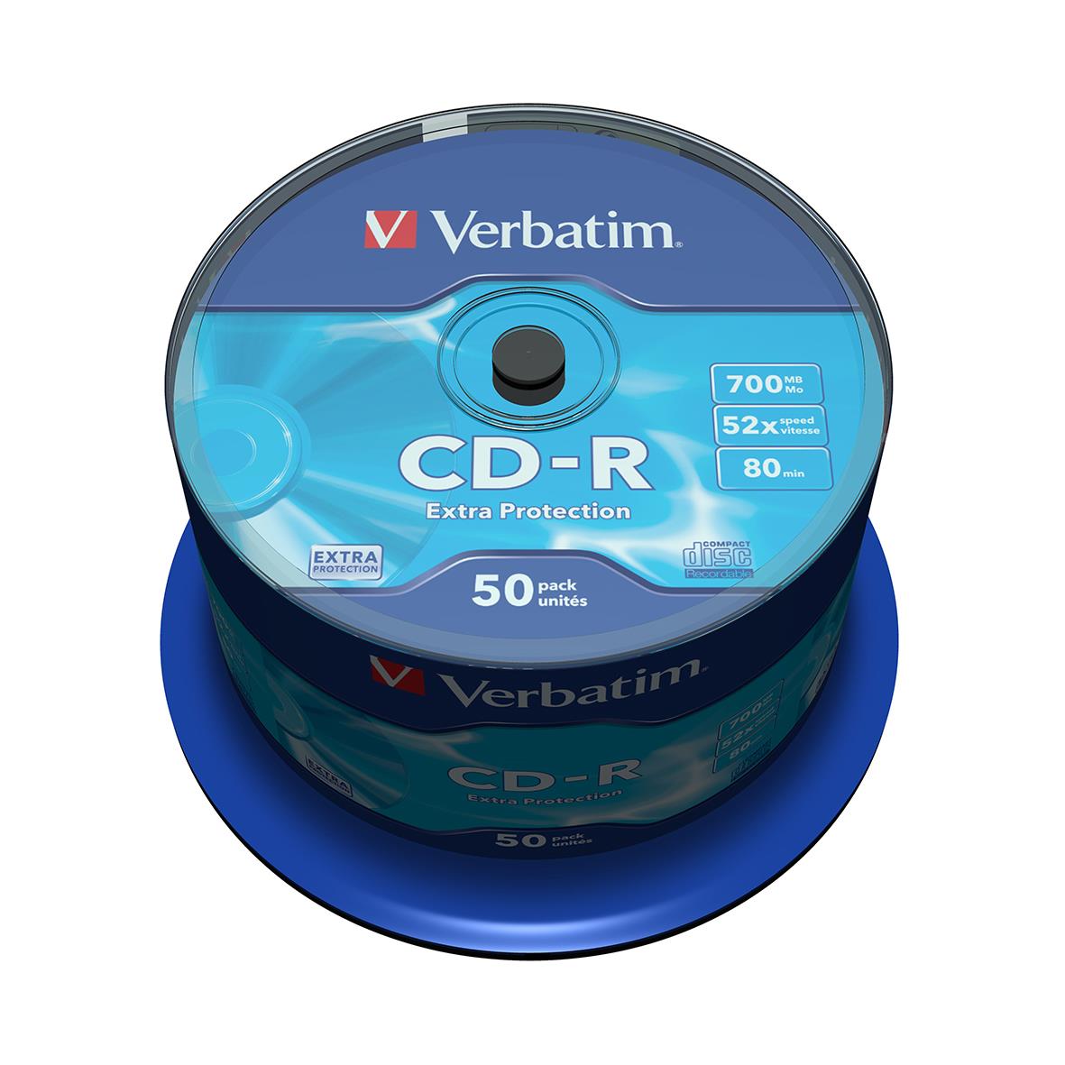 Verbatim CD-R 52x cakebox med 50 skivor, 700MB lagringskapacitet och extra skydd