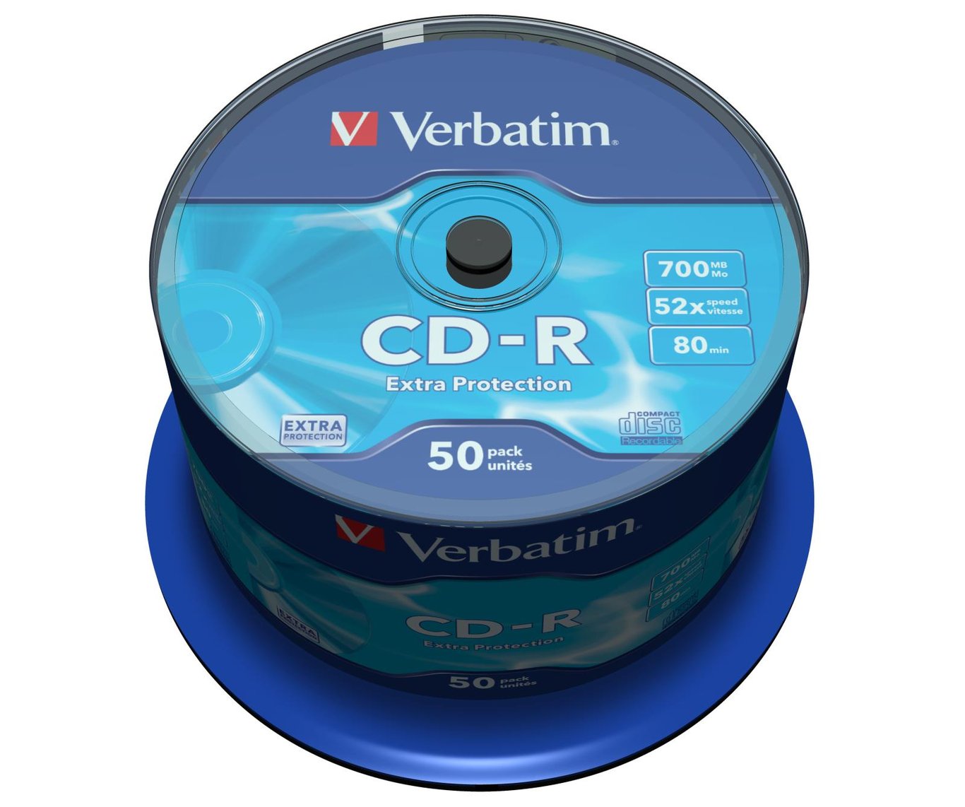 Verbatim CD-R 52x cakebox med 50 skivor, 700MB lagringskapacitet och extra skydd