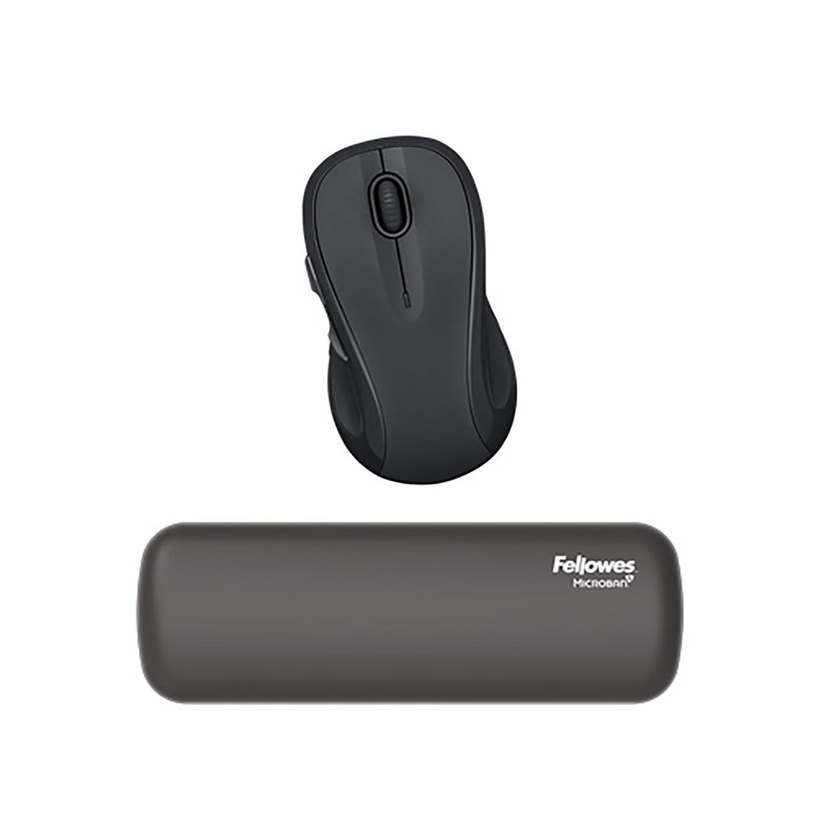 Svart handledsstöd från Fellowes med ergonomisk mus på vit bakgrund