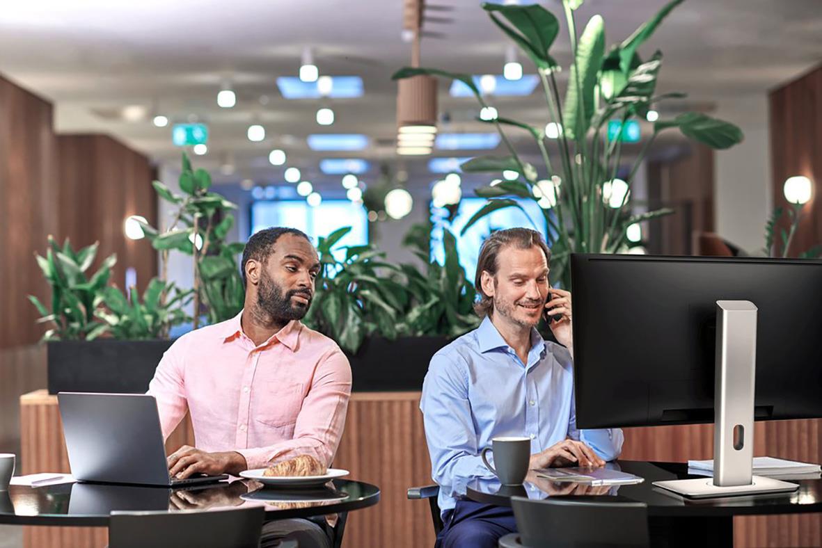 Två män arbetar vid skrivbord med en stor skärm i ett modernt kontorslandskap med gröna växter