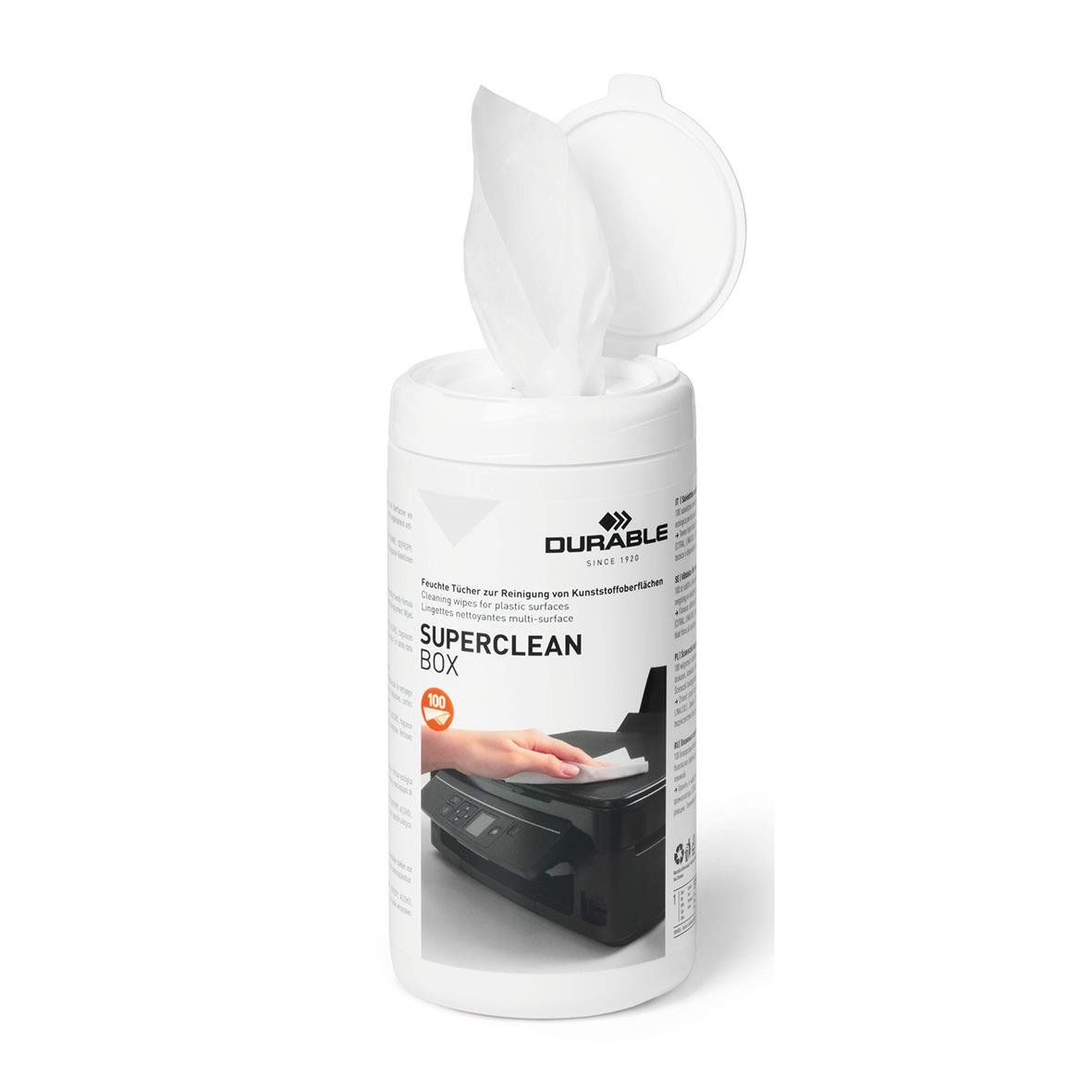 Rengöringsduk Durable Superclean i förpackning med bild av duk och skrivare