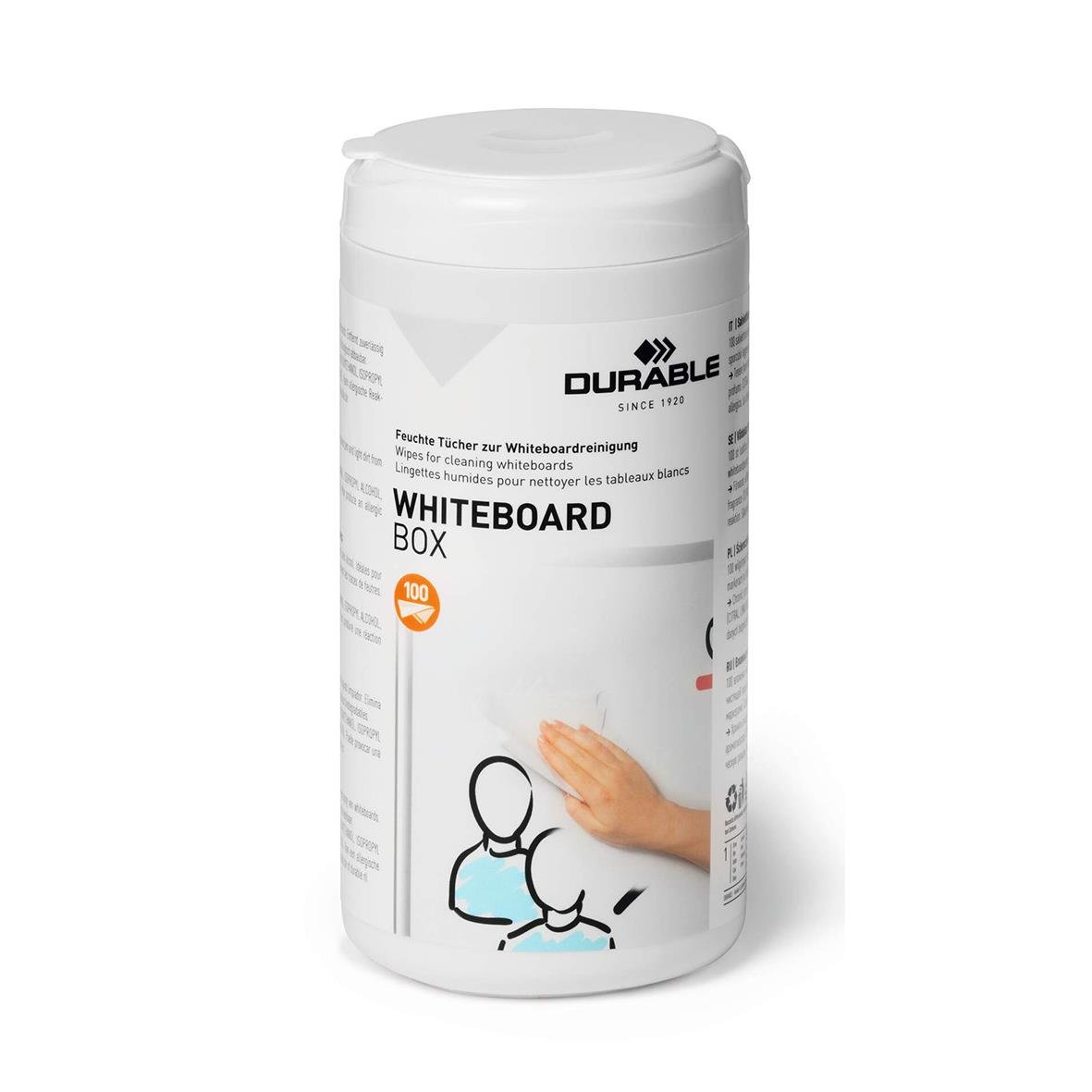 Durable rengöringsdukar för whiteboard, pack med 100 stycken i vit plastburk