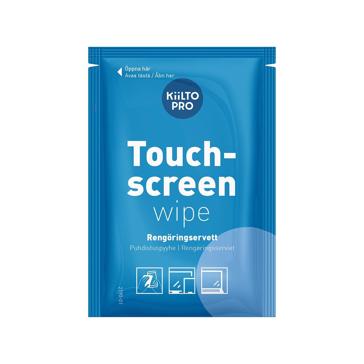 En blå förpackning med rengöringsduk för pekskärmar från Kiilto Pro, enkel att använda för att rengöra skärmar.