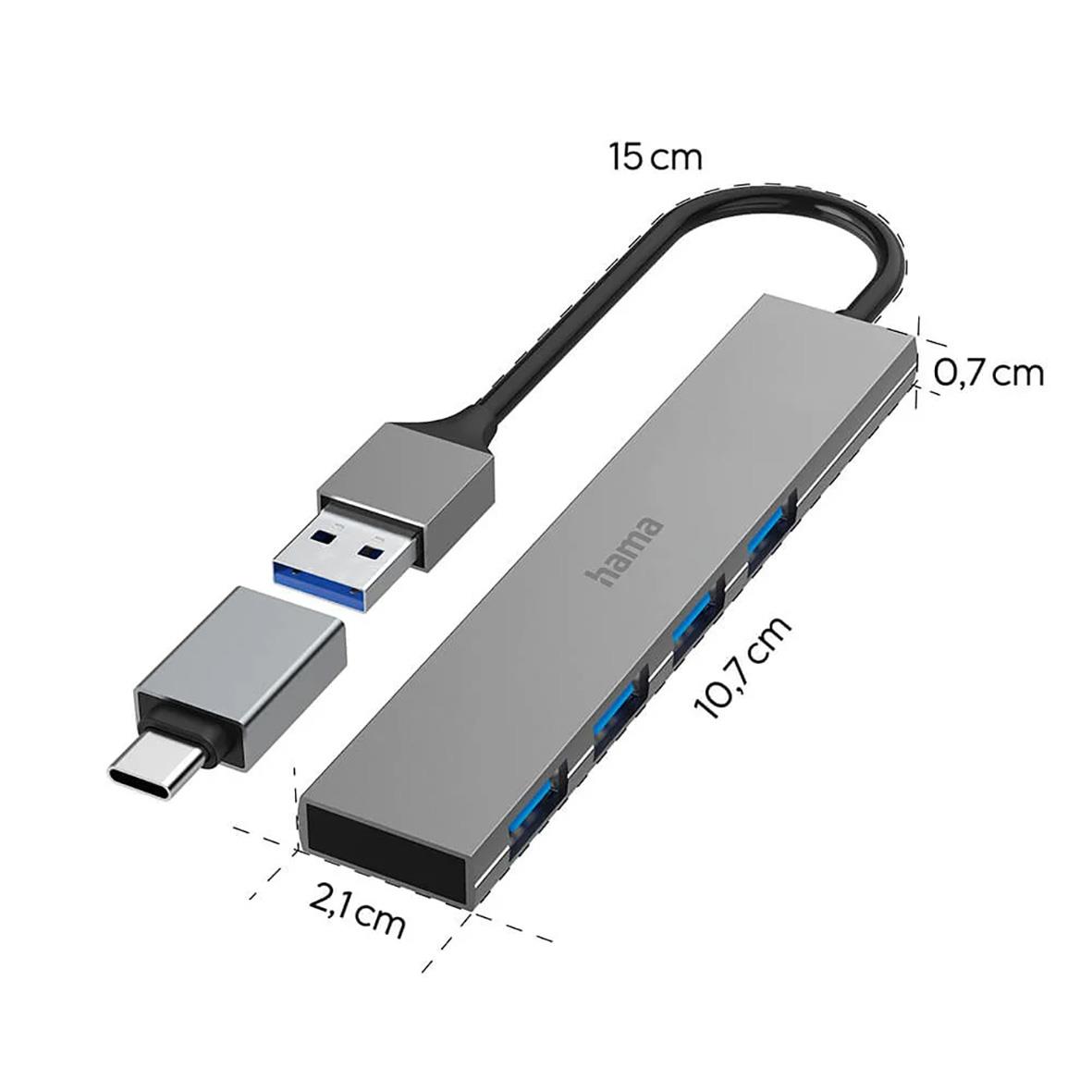 USB-hub med 4 USB-A 3.2-portar och USB-C-anslutning, mått 15 cm lång, svart och silverfärgad