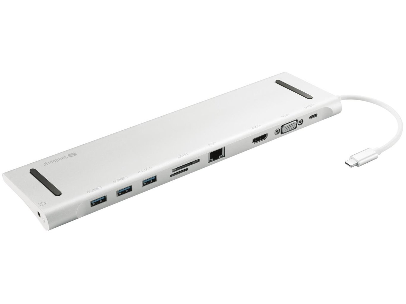 En vit USB-C hub med flera portar inklusive USB, HDMI och Ethernet