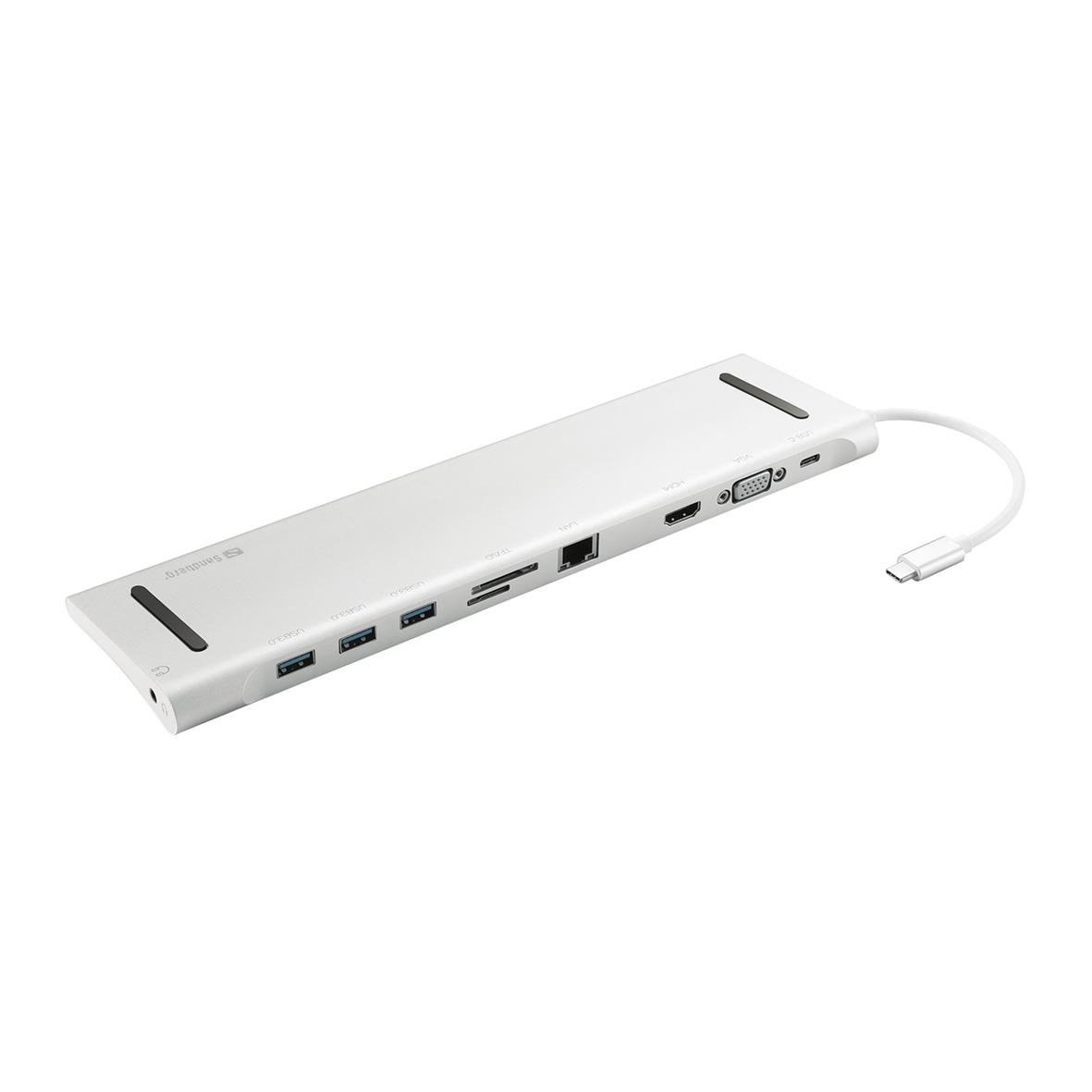 En vit USB-C hub med flera portar inklusive USB, HDMI och Ethernet
