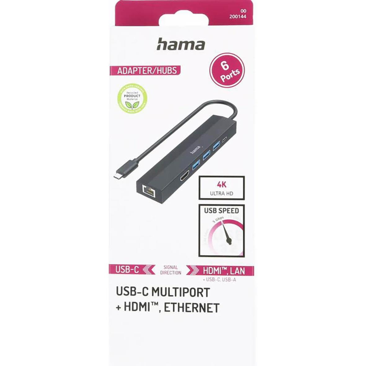 Hama USB-Hub med 6 portar, HDMI och Ethernet, svart, för datorer och enheter