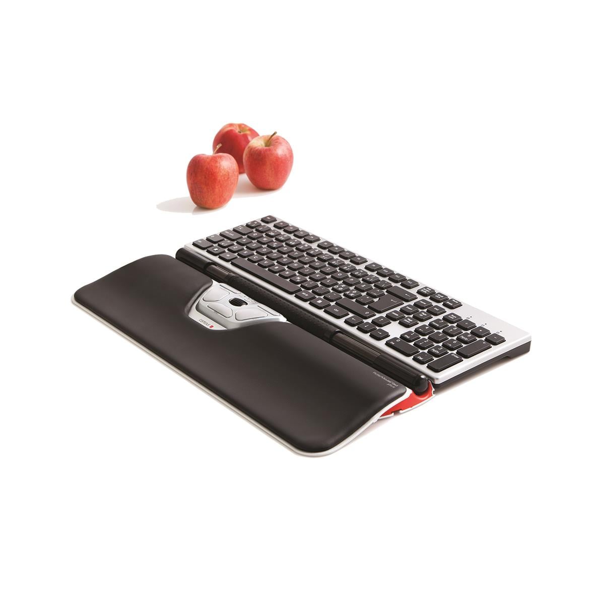 Ergonomisk mus RollerMouse Red Plus med sladd och ett tangentbord samt tre äpplen