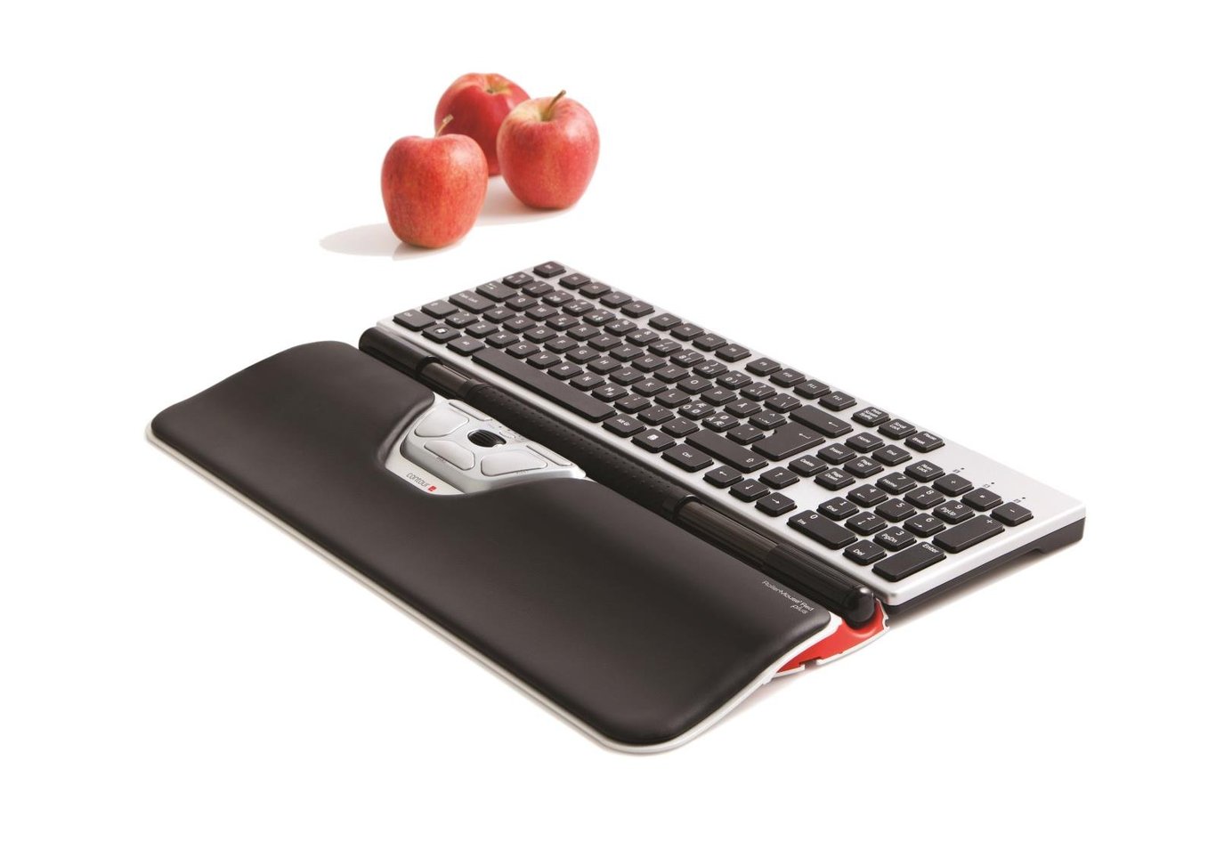 Ergonomisk mus RollerMouse Red Plus med sladd och ett tangentbord samt tre äpplen