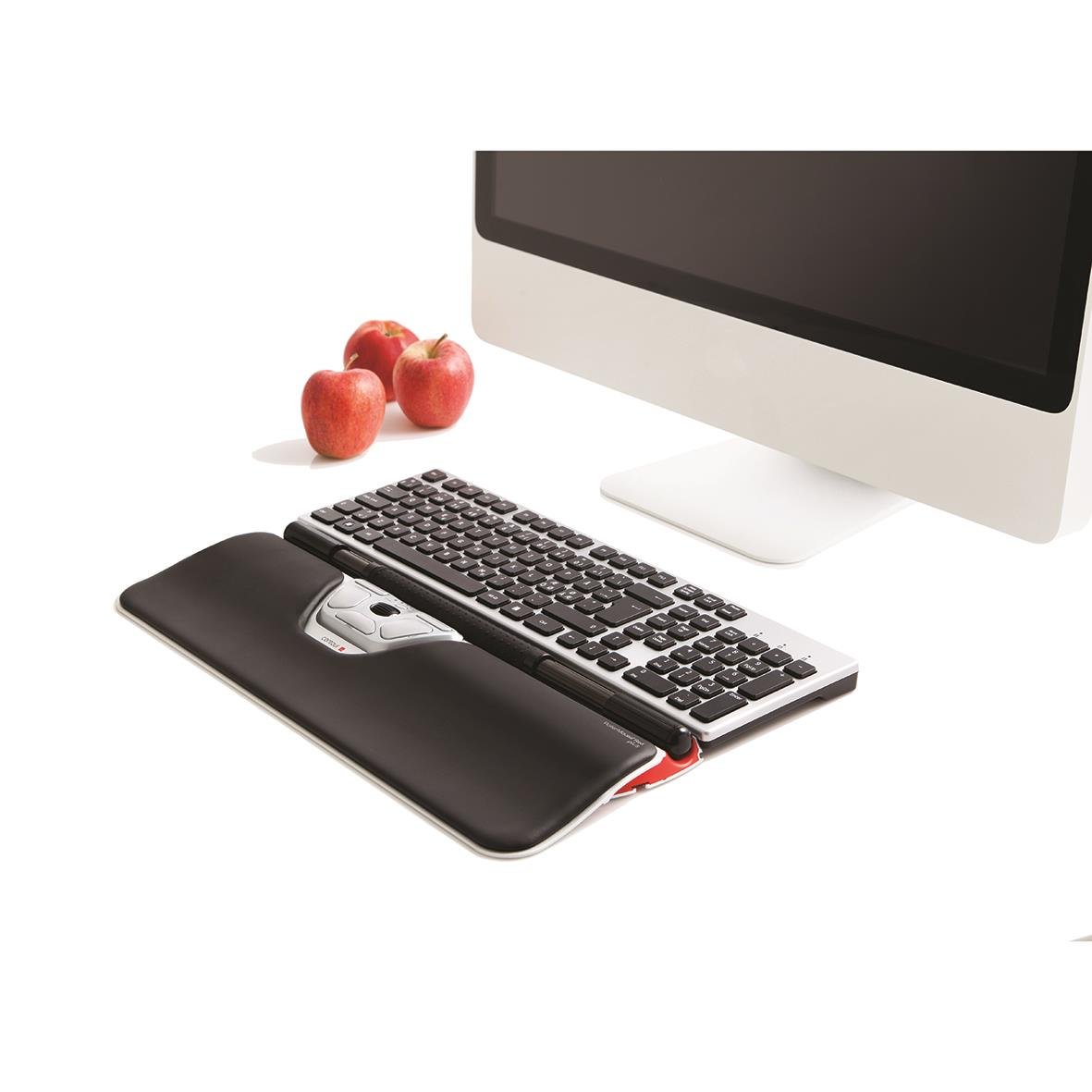 Ergonomisk mus RollerMouse Red Plus med sladd, tangentbord, datorskärm och tre äpplen