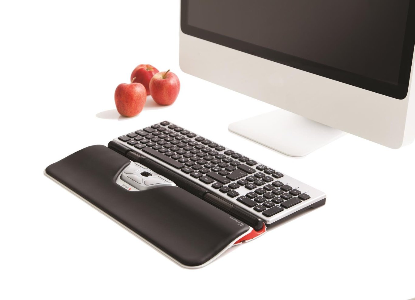 Ergonomisk mus RollerMouse Red Plus med sladd, tangentbord, datorskärm och tre äpplen