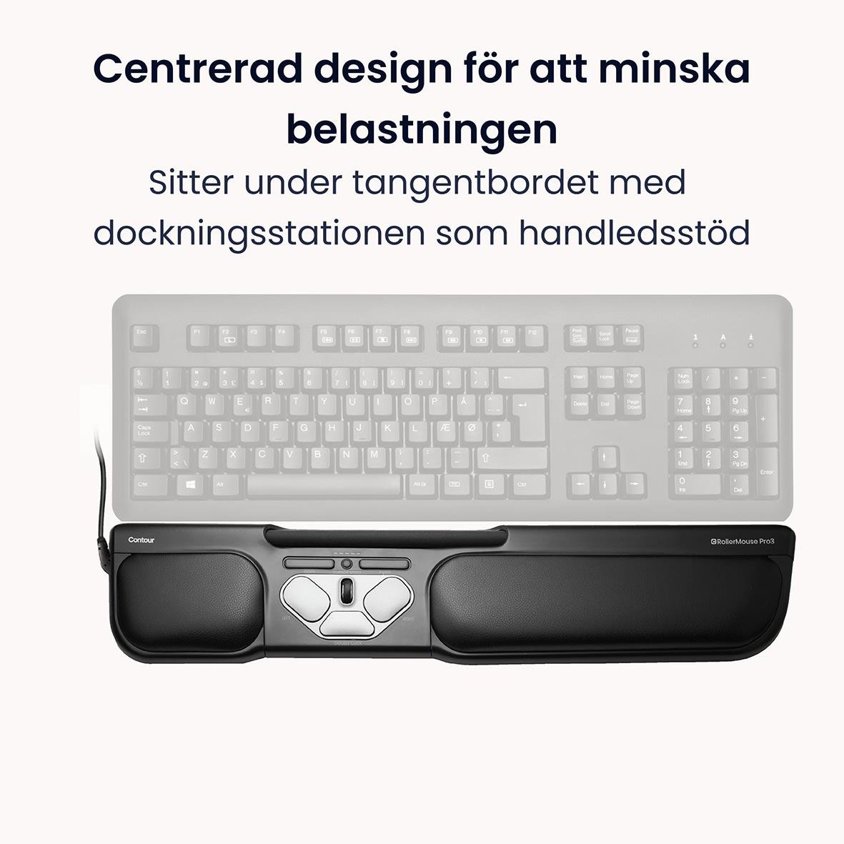 Ergonomisk RollerMouse Pro 3 med sladd placerad på vit skrivbord med växt och dator