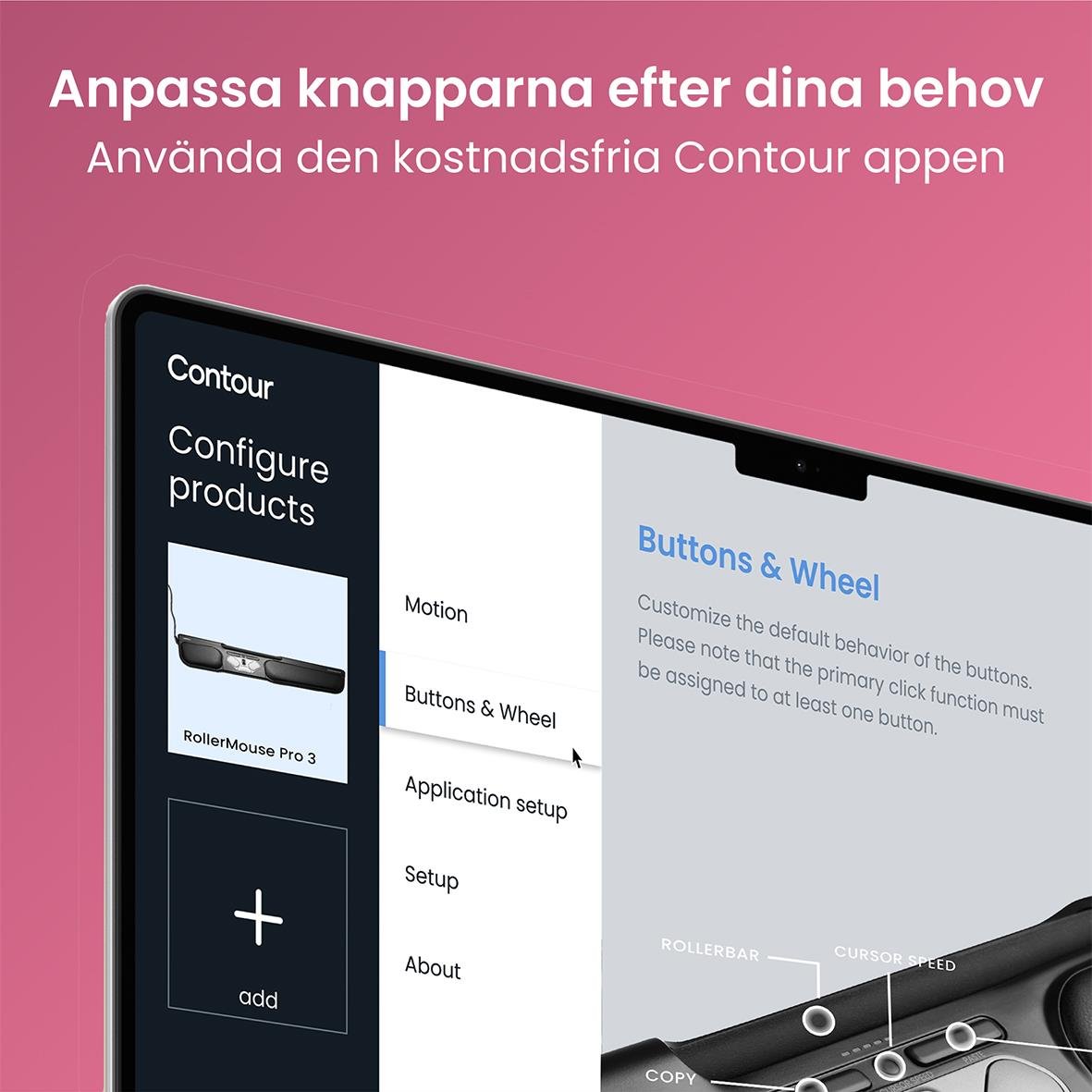 Ergonomisk mus RollerMouse Pro 3 med sladd visas på skärm med anpassade knappar och inställningar