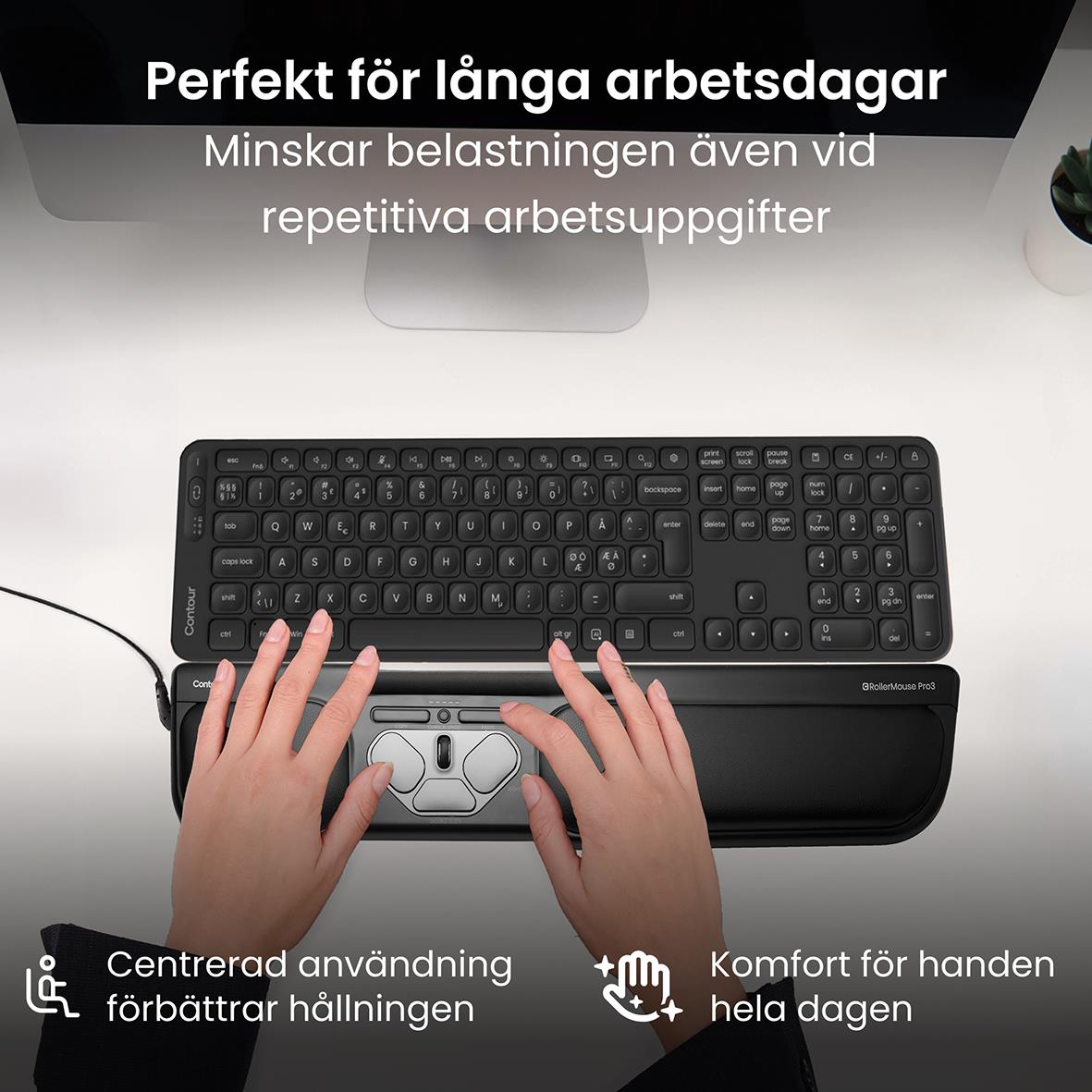 Ergonomisk mus RollerMouse Pro 3 med sladd visas på skrivbord med händer som använder den, fokuserad på komfort och hållning