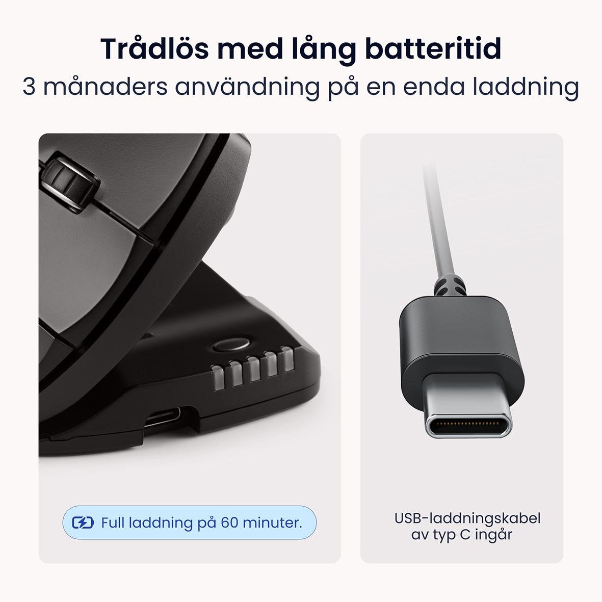 Ergonomisk trådlös högerhandad mus med rullhjul och laddningsindikator