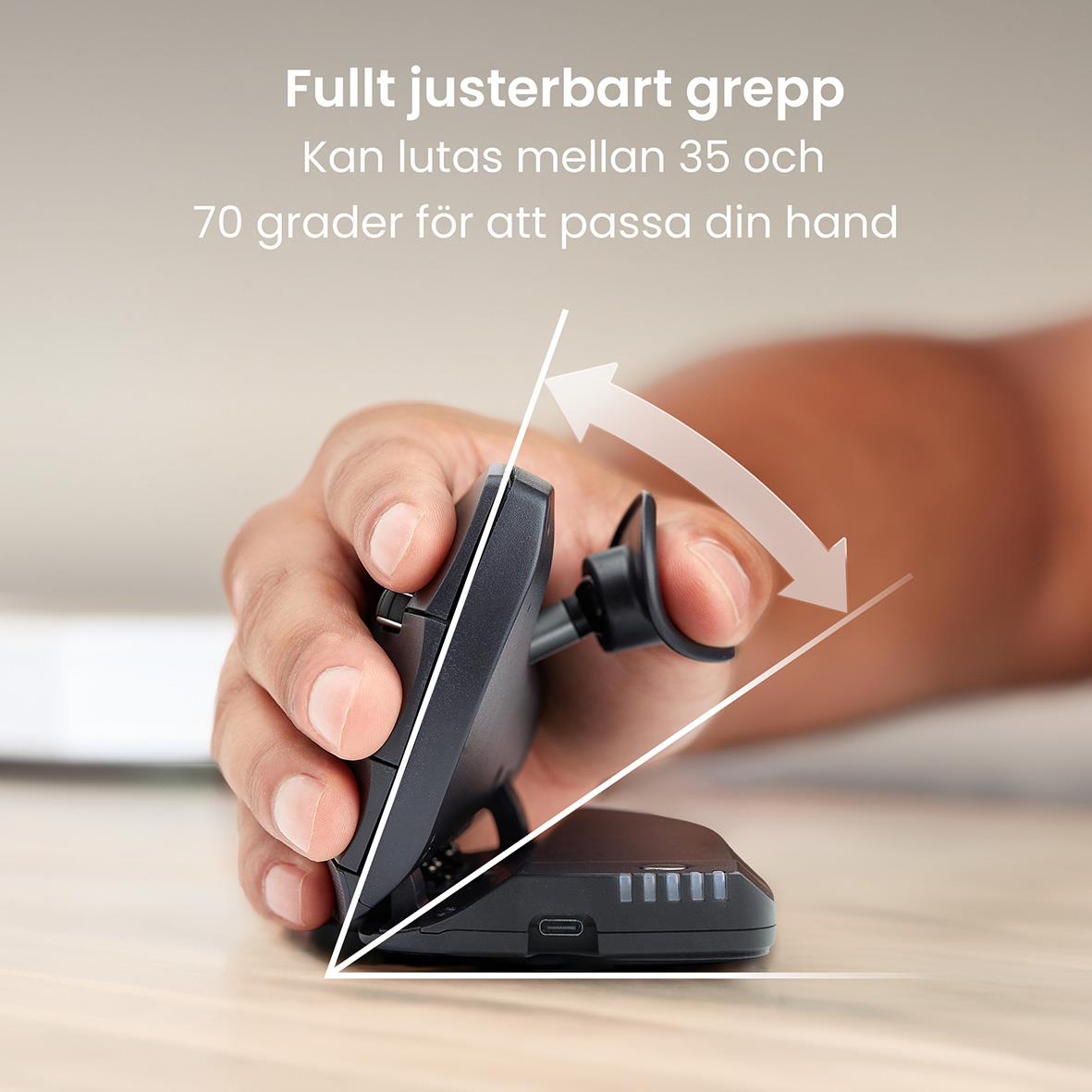 " trådlös mus med justerbart grepp och 70 graders vinkel för höger hand, visas i bild."