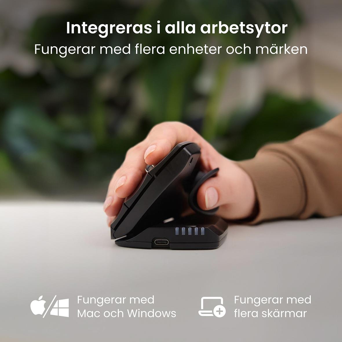 Ergonomisk trådlös mus för högerhand, fungerar med Mac, Windows och flera skärmar, integreras i arbetsytor