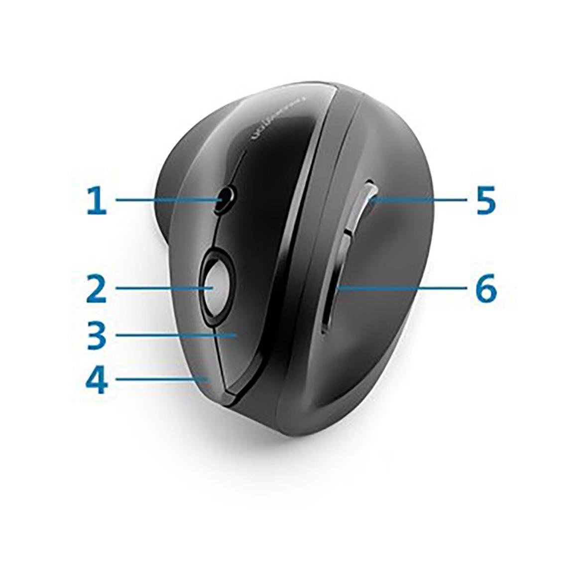Vertikal trådlös mus med knappar och justeringshjul, visad med nummer för olika delar