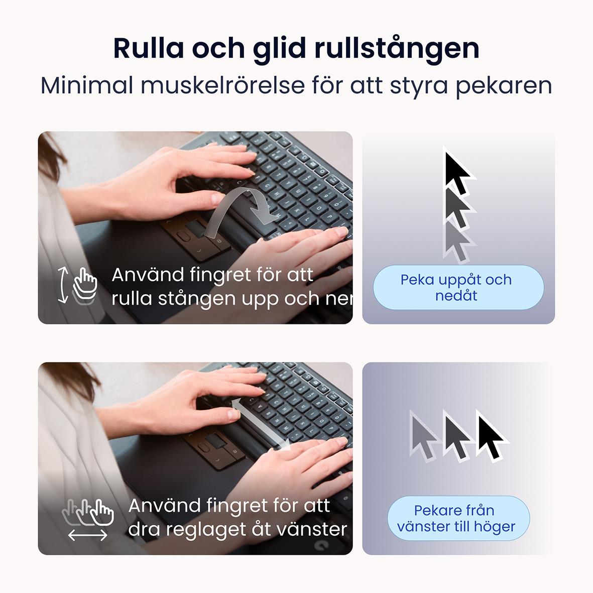 Kvinna använder ergonomisk trådlös mus och laptop vid ett skrivbord i ett ljust hemkontor