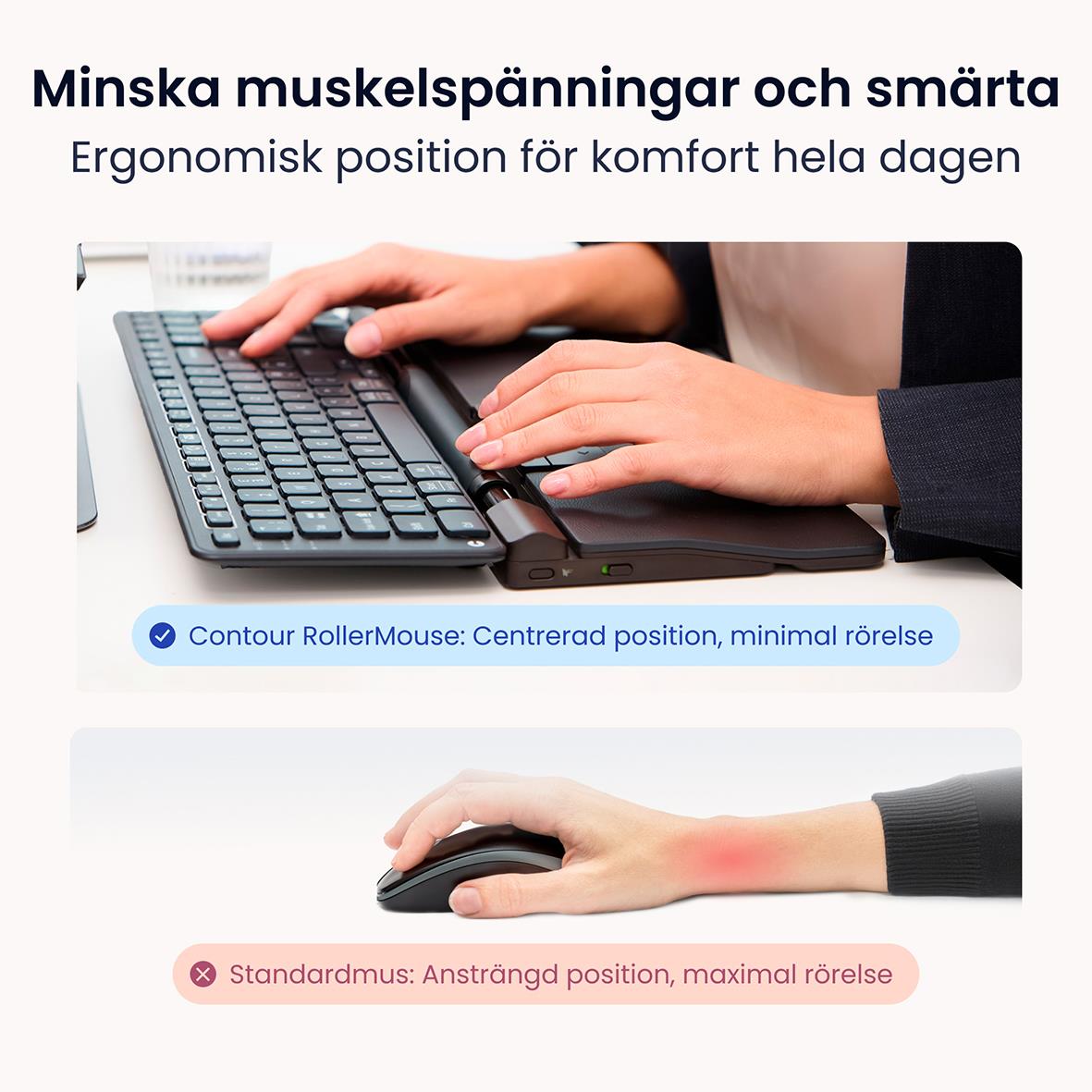 Ergonomisk trådlös RollerMouse Pro i veganläder med tre storleksalternativ för olika behov