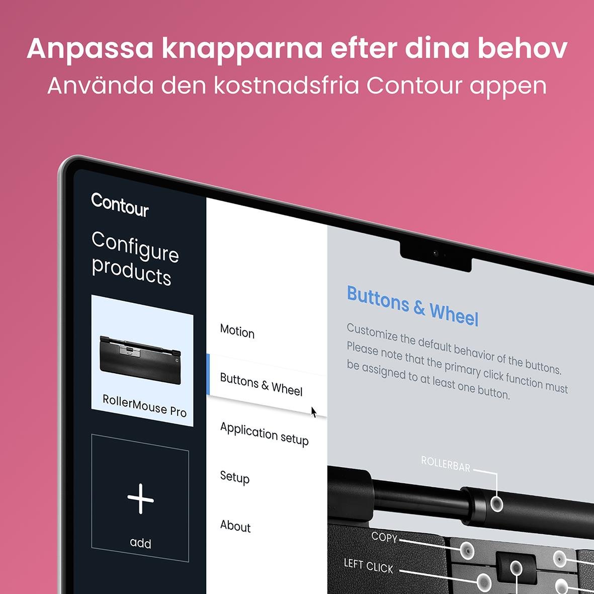 Illustration av en trådlös RollerMouse Pro med veganläder, visad på en skärm för att anpassa knappar och funktioner.