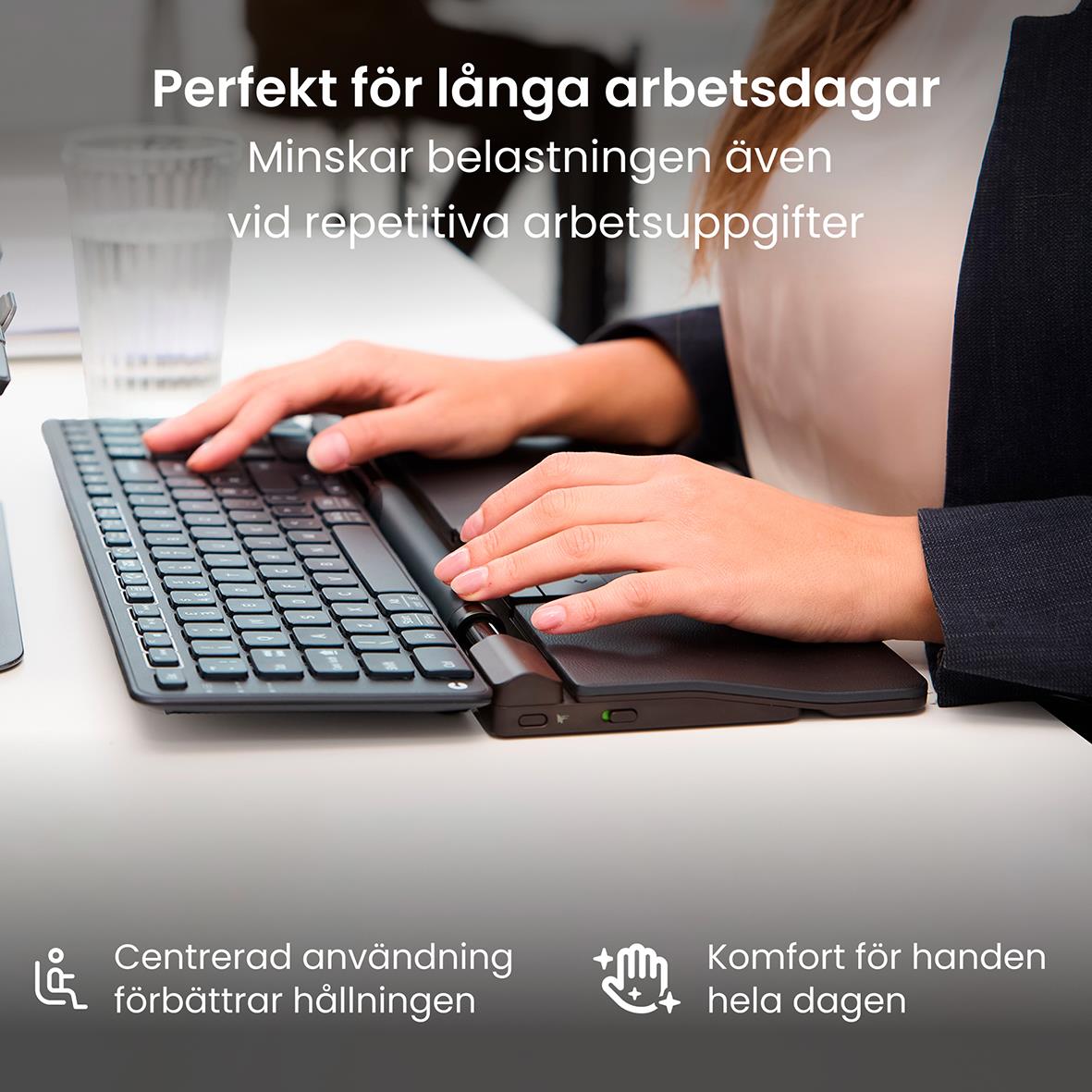 Person använder ergonomisk trådlös mus med veganläder för att minska belastning och förbättra hållning under långa arbetsdagar
