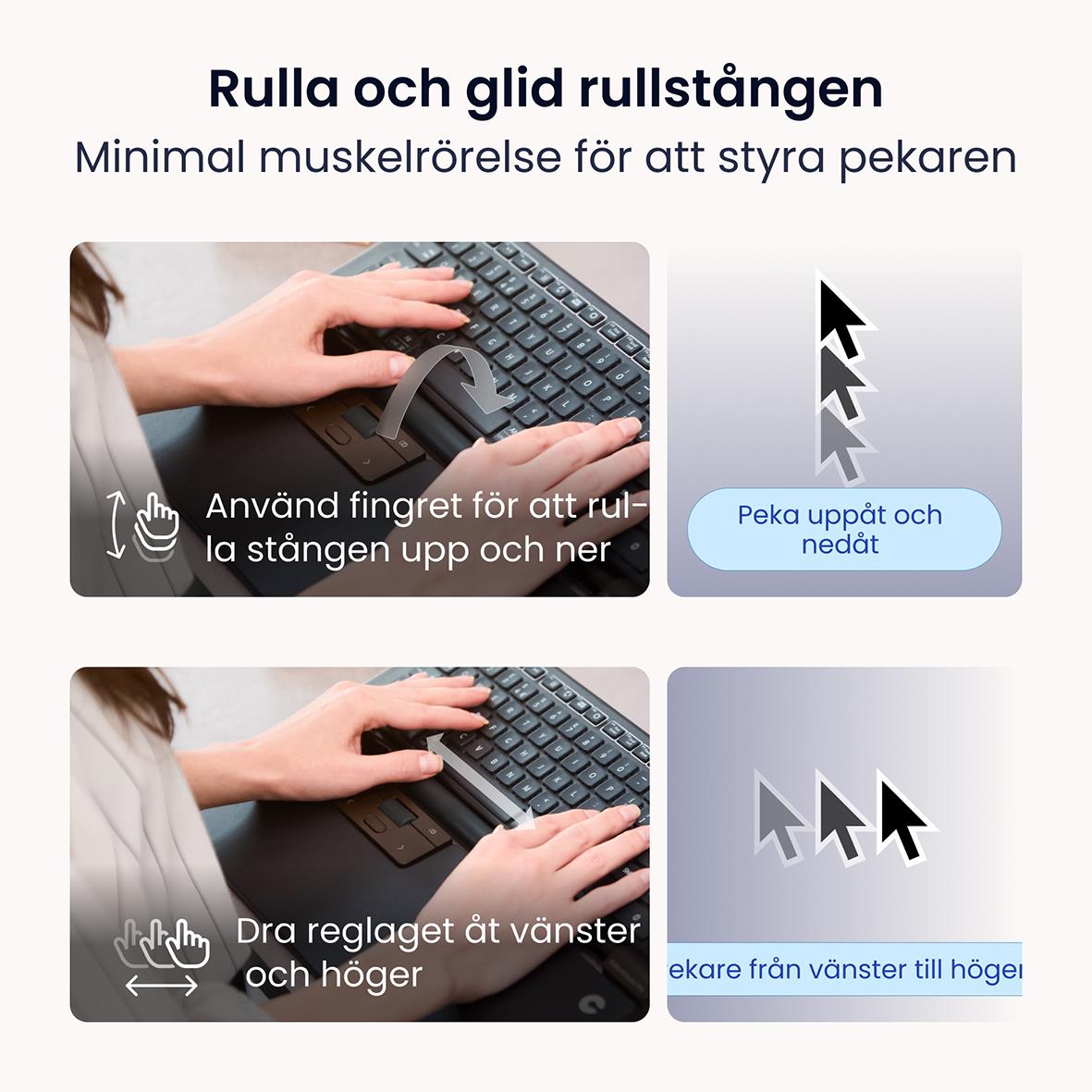 Kvinna arbetar vid skrivbord med laptop, ergonomisk mus och andra kontorsmaterial i ett ljust rum