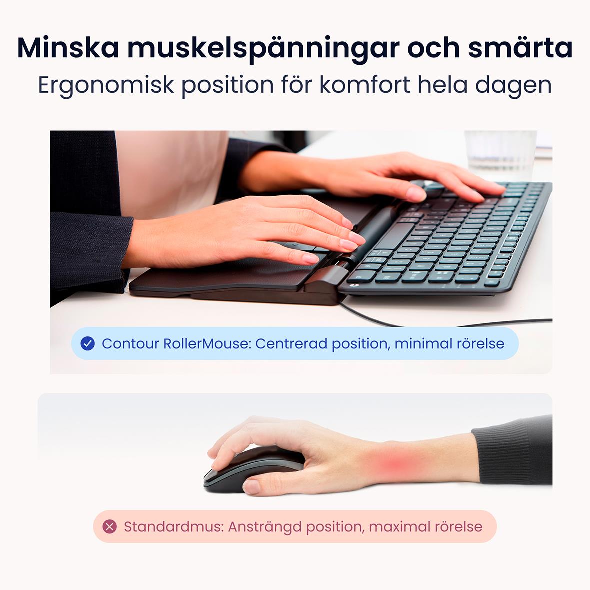 RollerMouse Pro i veganläder med sladd i tre storlekar: Slim, Regular och Extended, anpassad för olika handstorlekar och tangentbord.