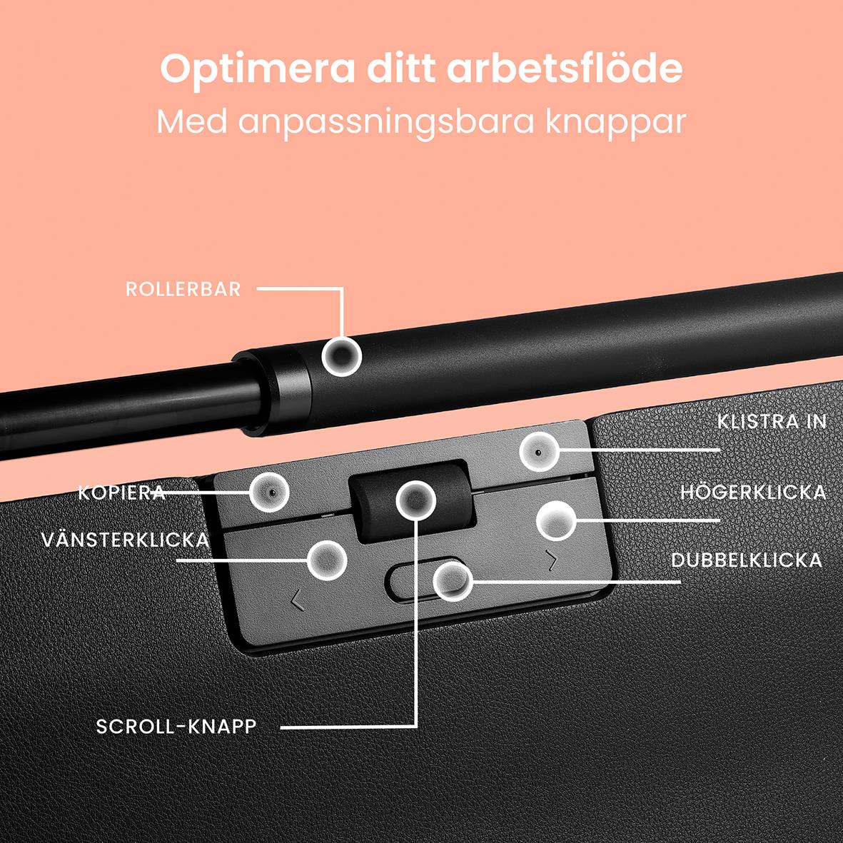 Ergonomisk mus RollerMouse Pro med veganläder, sladd, justerbara knappar och rullbar, perfekt för arbetsflödesoptimering.