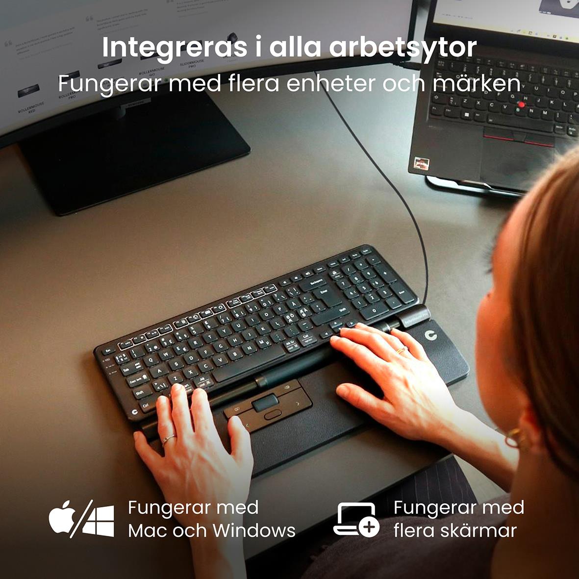 Ergonomisk mus RollerMouse Pro veganläder slimmodell på skrivbord med laptop, fungerar med Mac, Windows och flera skärmar