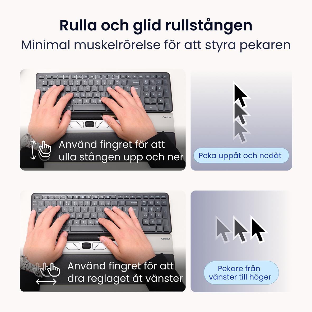 Person som använder en trådlös ergonomisk mus och tangentbord på skrivbord med laptop och växter