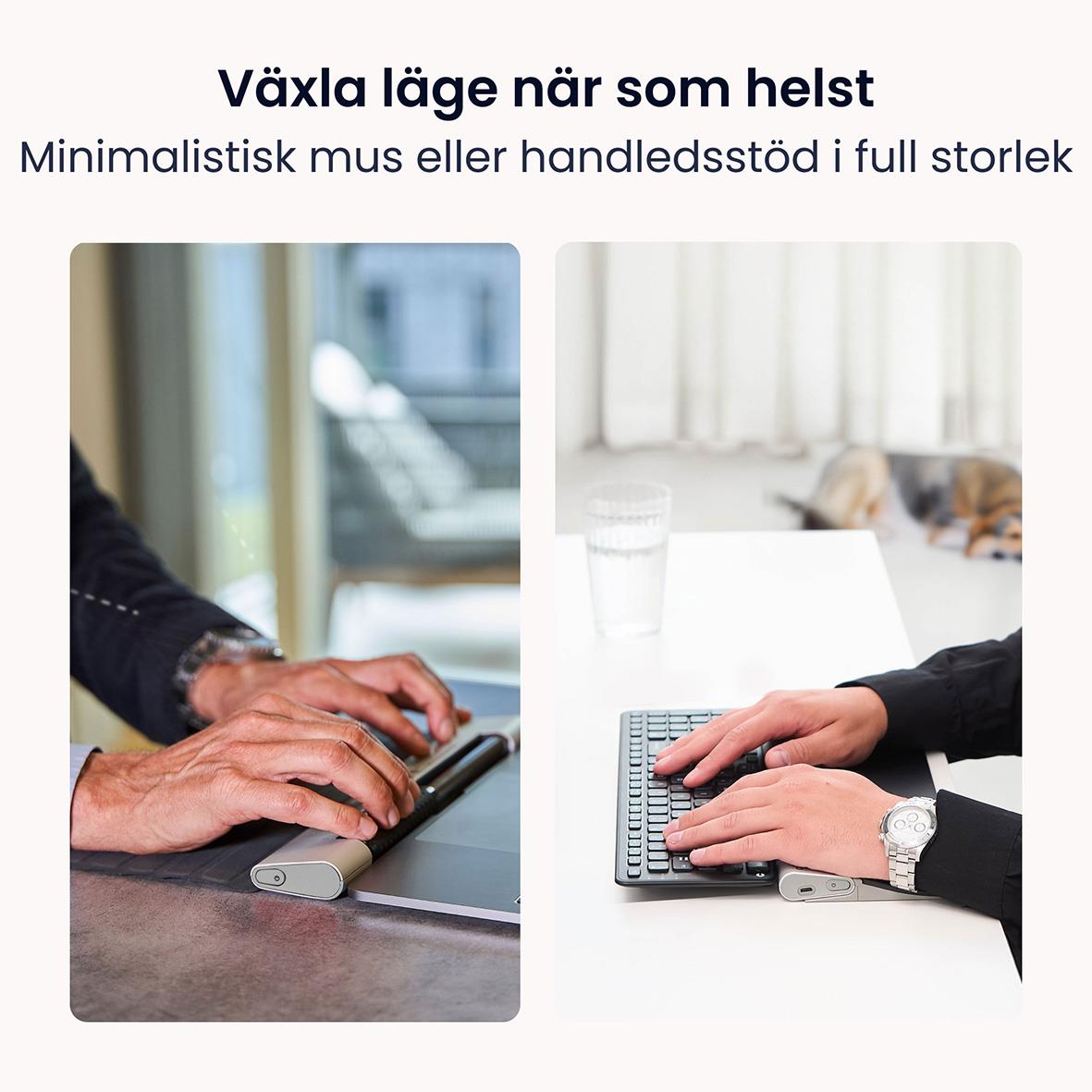 Bild av ergonomisk mus och docka för flexibel användning, visar minimalistik design för olika arbetsmiljöer