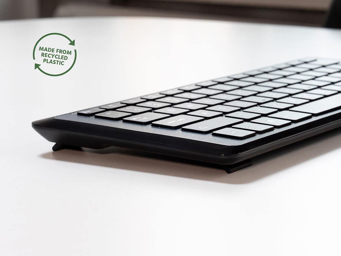 Trådlöst tangentbord och musmattan Mousetrapper Type Mini, tillverkat av återvunnen plast