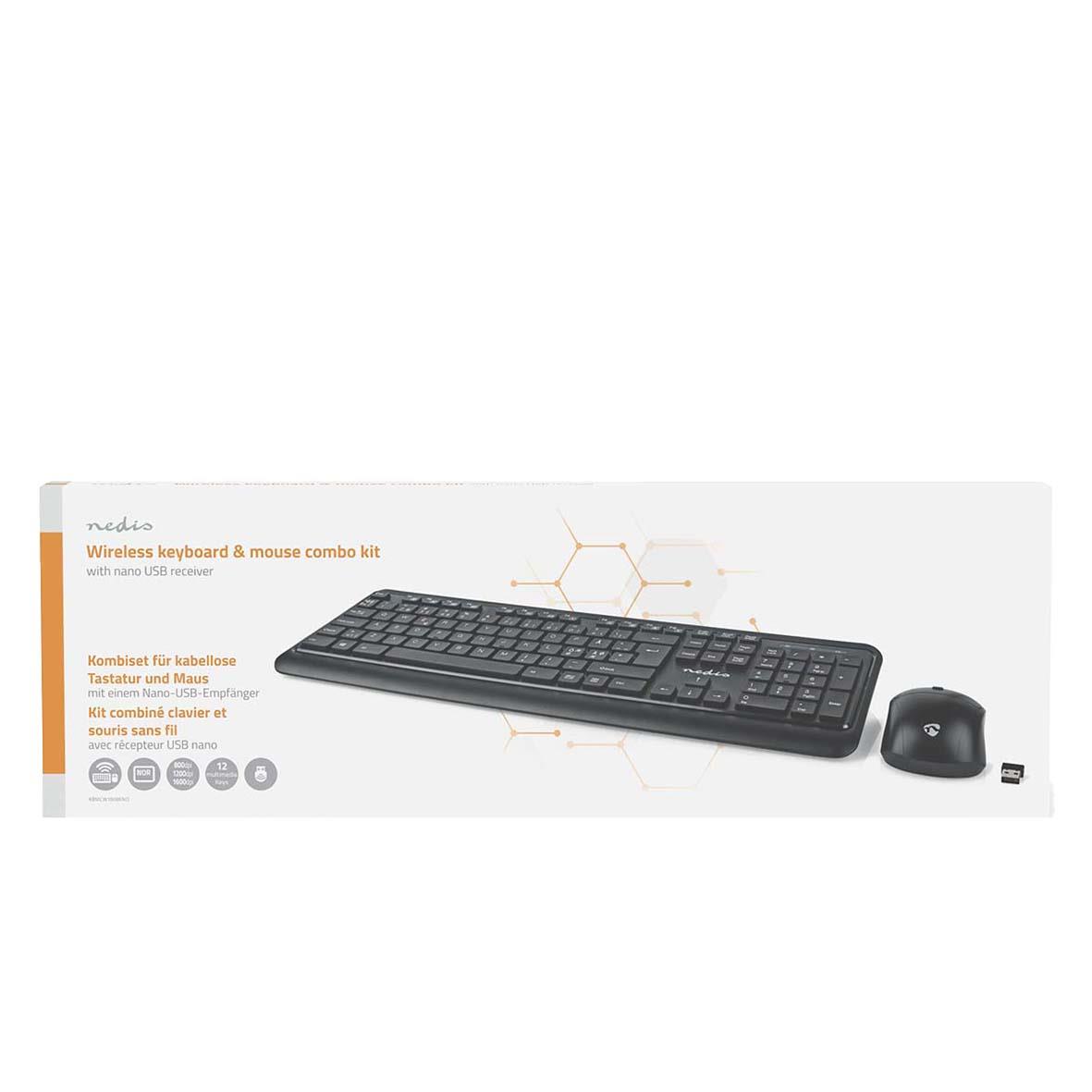 Trådlöst svart tangentbord och mus från Nedis med QWERTY-layout