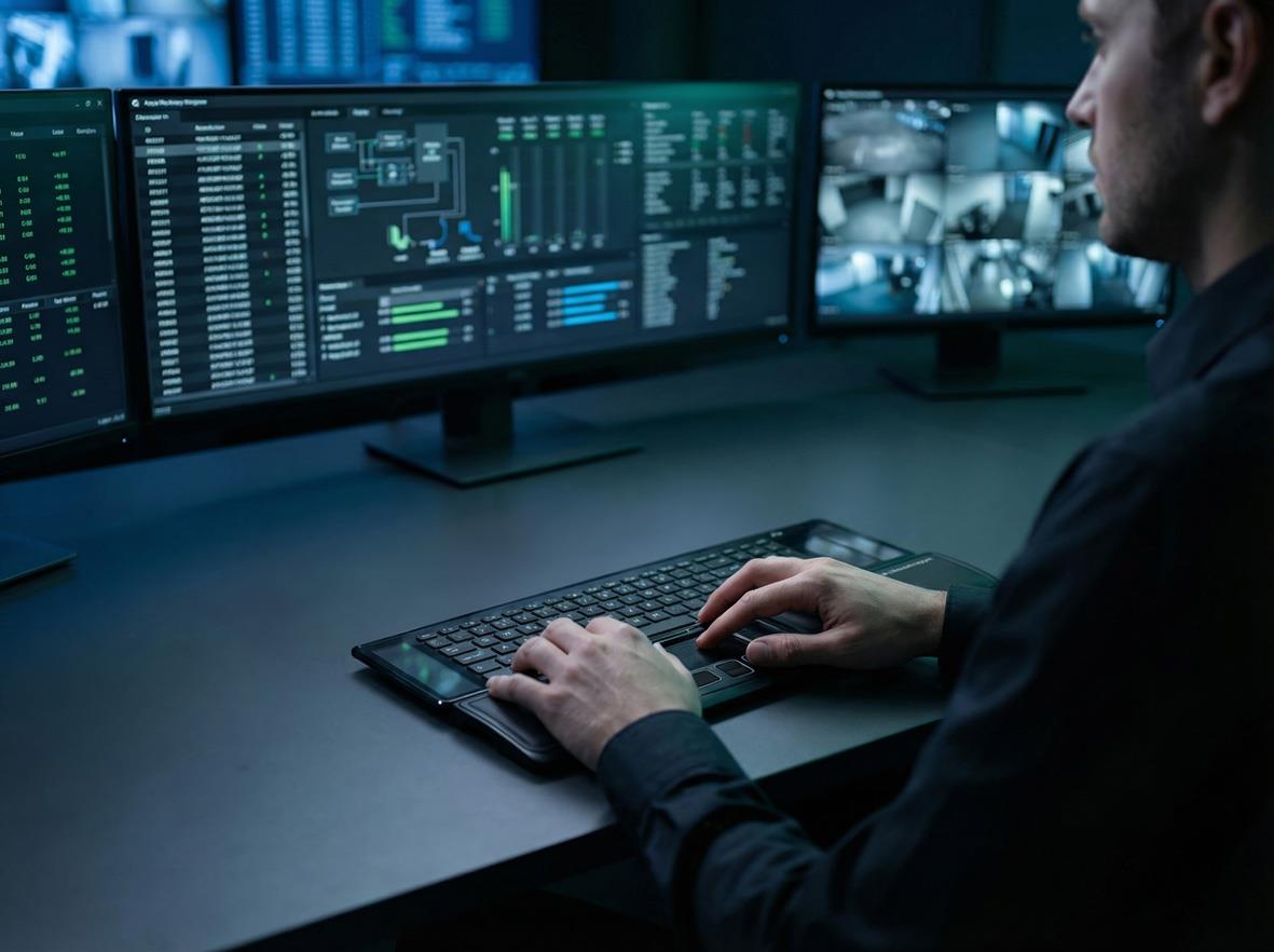 Person som använder en ergonomisk mus Mousetrapper Core Protect svart/grå framför flera datorskärmar
