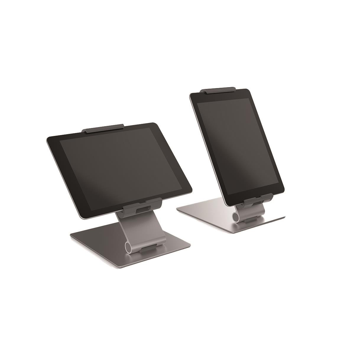 Två surfplattor i ett bordställ, hållare för tabletter på skrivbordet