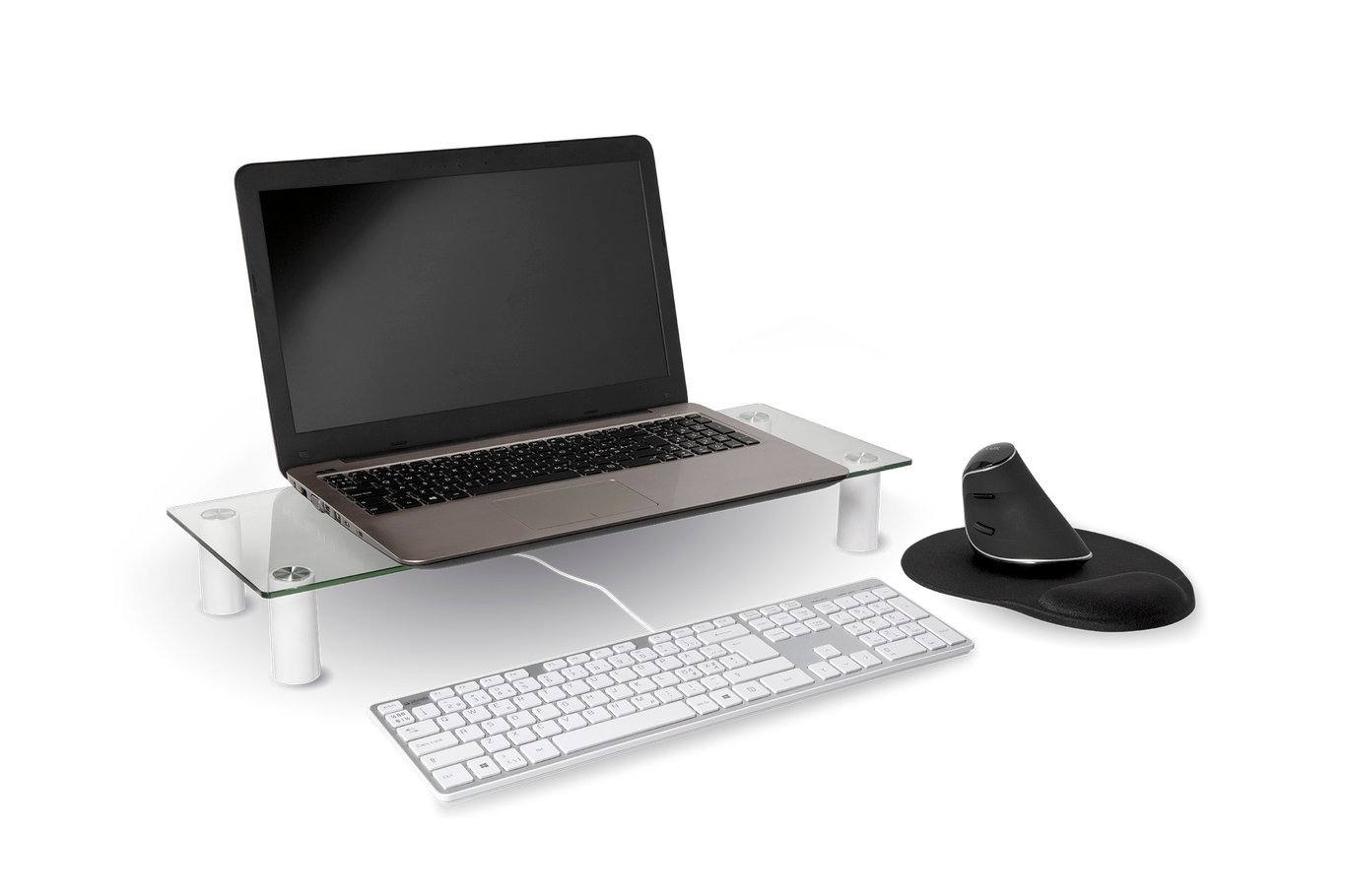 Skärmställ för monitor, med tangentbord och mus på skrivbord