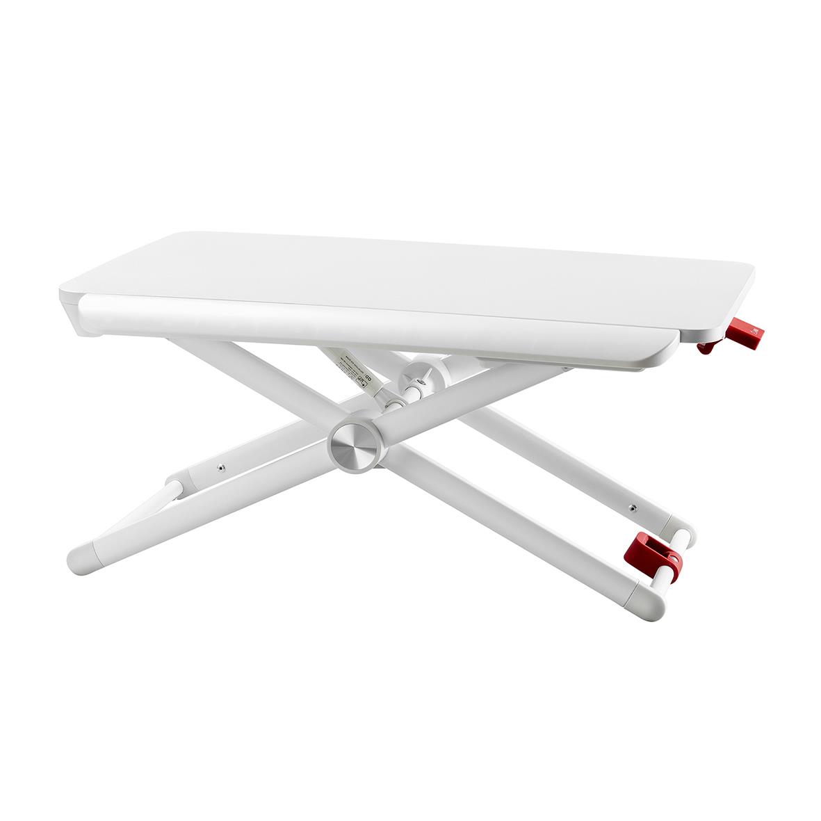 Portabelt justerbart ståbord med vit yta och röda justeringsknappar