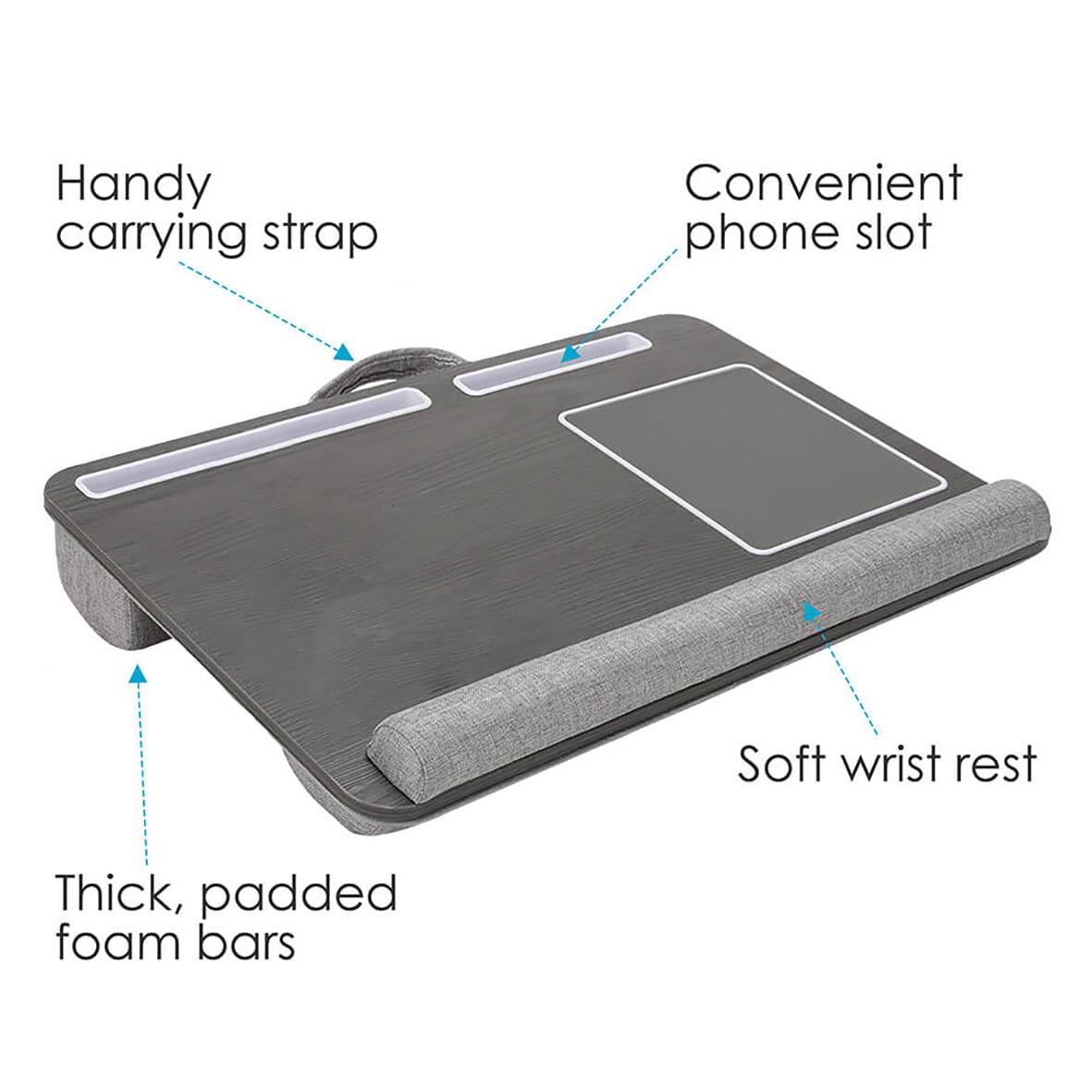 Laptopstöd Desire2 för knä med bärrem, telefonfack, mjuka vadderade foamstavar och mjuk handledsstöd