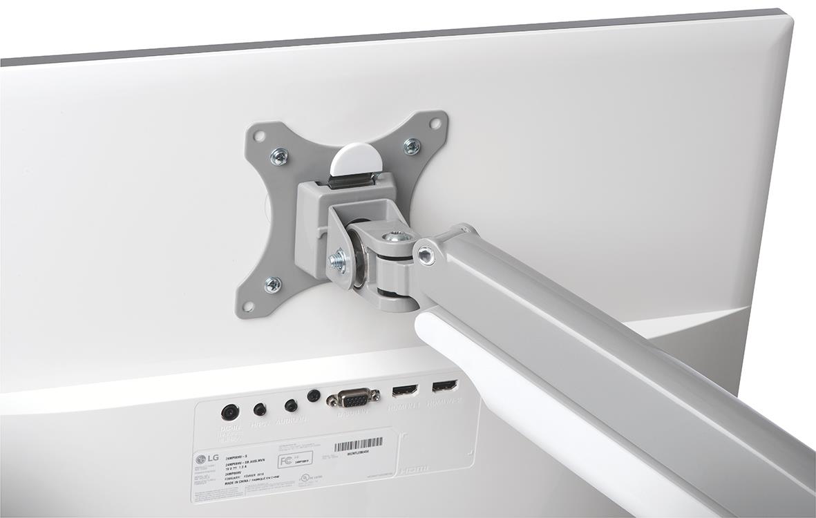 Kensington SmartFit One Touch monitorarm i grå som håller en datorskärm i ett justerbart läge