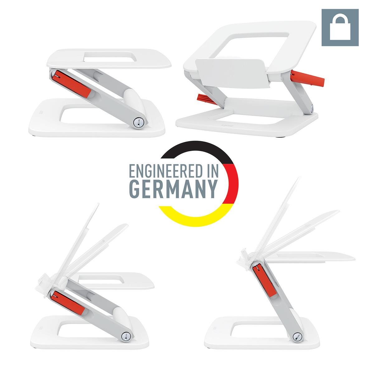 Justerbart vitt laptopställ från Leitz Ergo med röd justeringsmekanism, designad för ergonomi och tillverkad i Tyskland