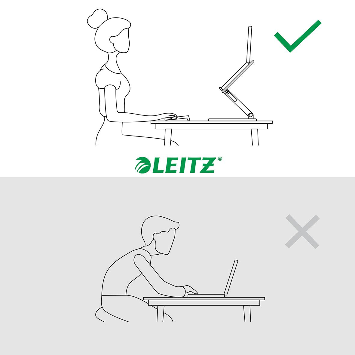 Illustration av korrekt och felaktig användning av Leitz Ergo justerbart laptopställ i vitt, visar rätt höjd och vinkel