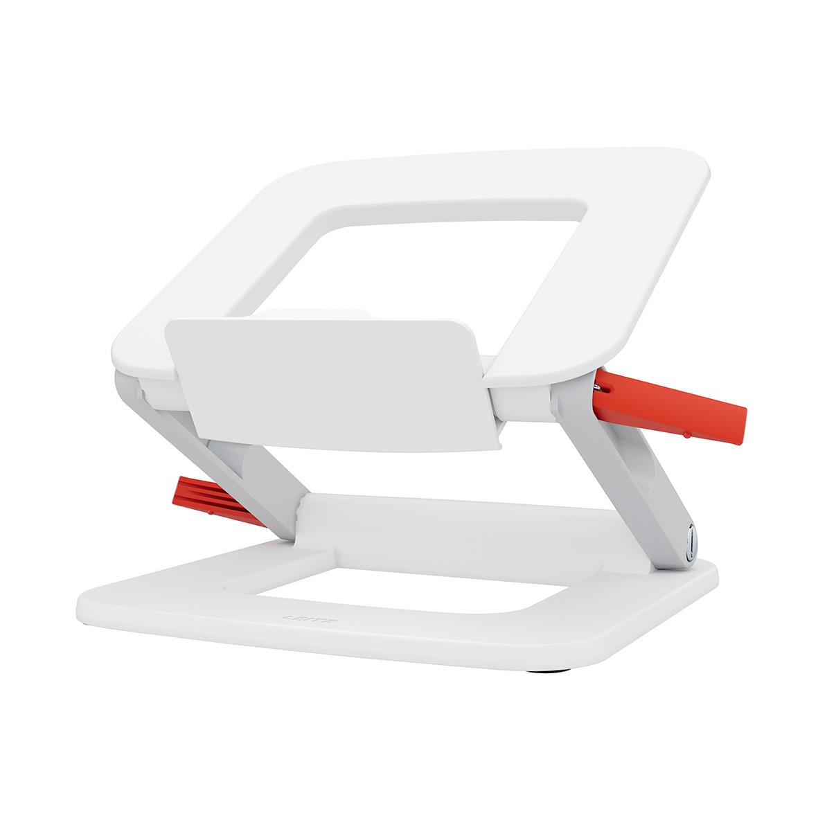 Justerbart vit laptopställ Leitz Ergo med röd justeringsknapp