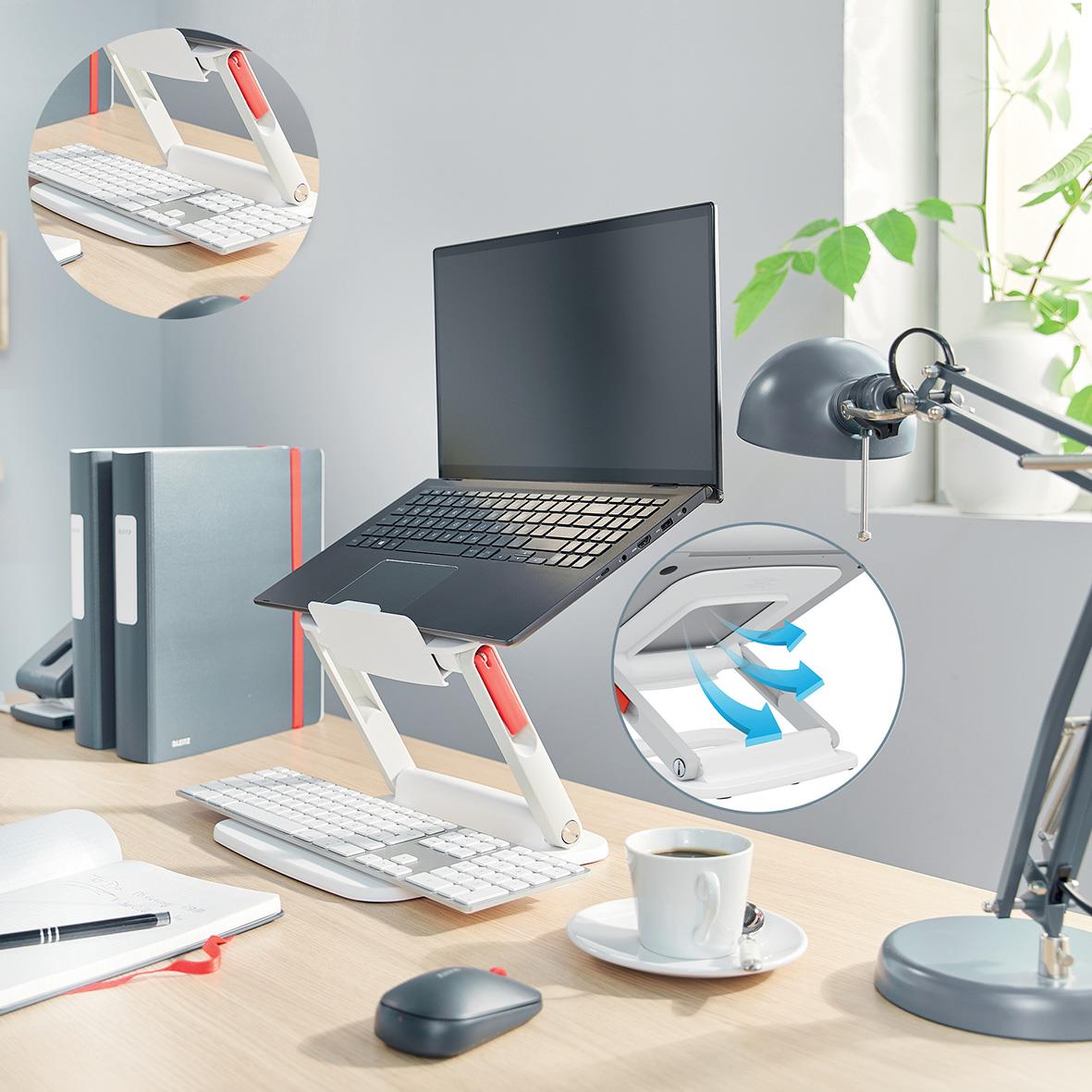 Justerbart vit laptopställ Leitz Ergo med ergonomisk design på skrivbordet