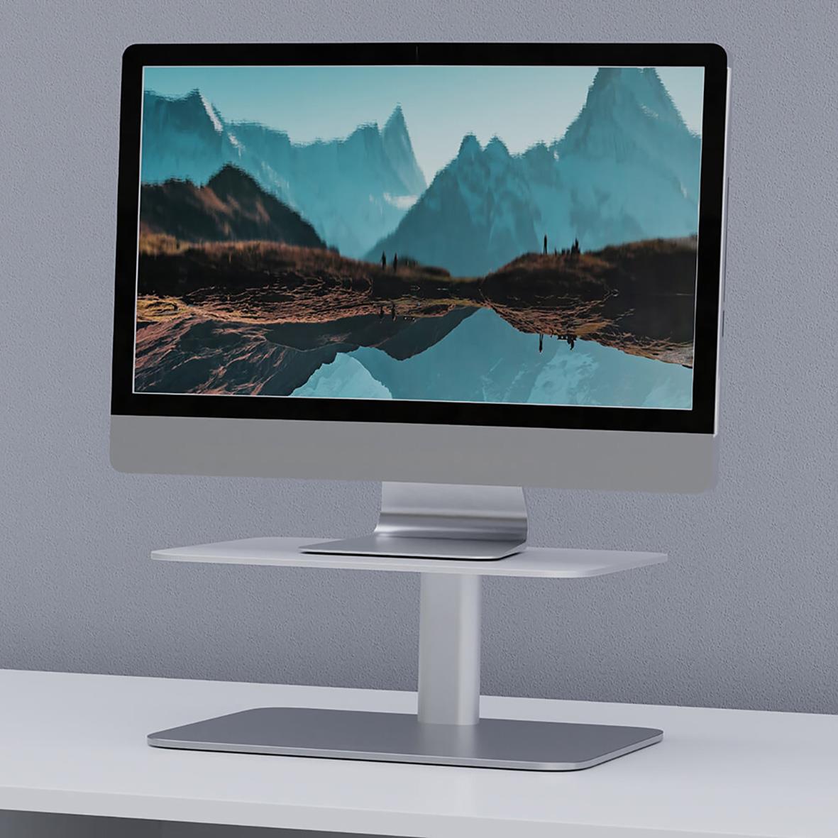 Skärmställ för monitor, vitt och silver, med justerbar höjd och platt yta